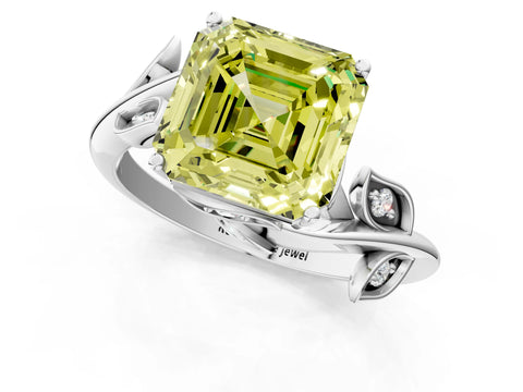 White gold Fancy Yellow Asscher Cut Solitaire Twist Engagement Ring with Leaf Accents and Prong Setting_13