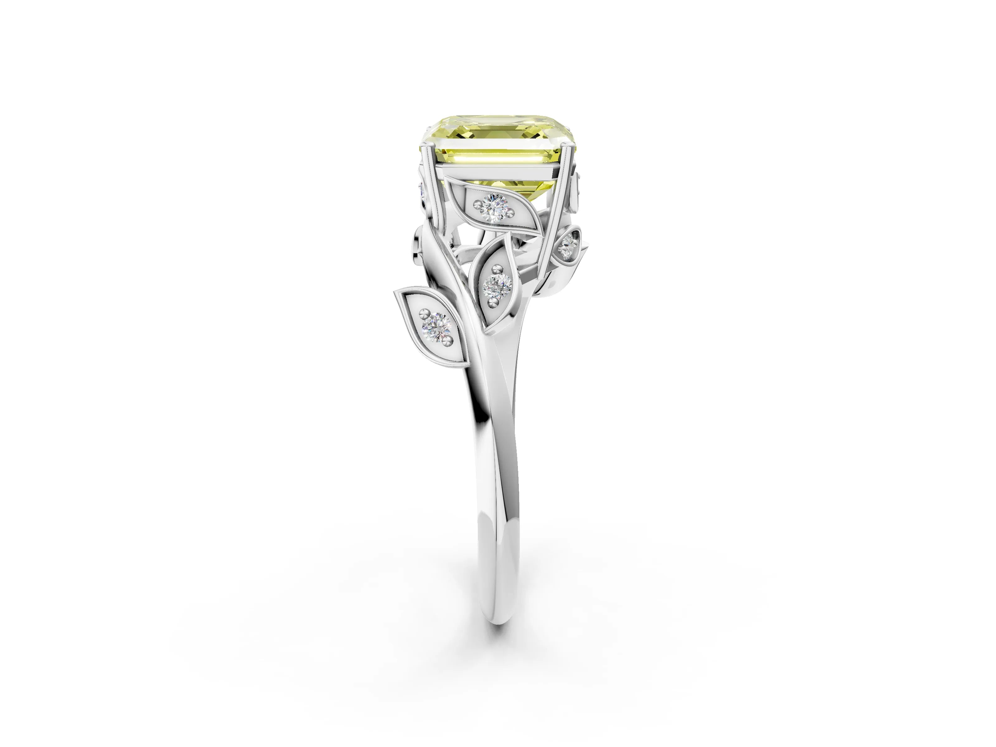 White gold Fancy Yellow Asscher Cut Solitaire Twist Engagement Ring with Leaf Accents and Prong Setting_14