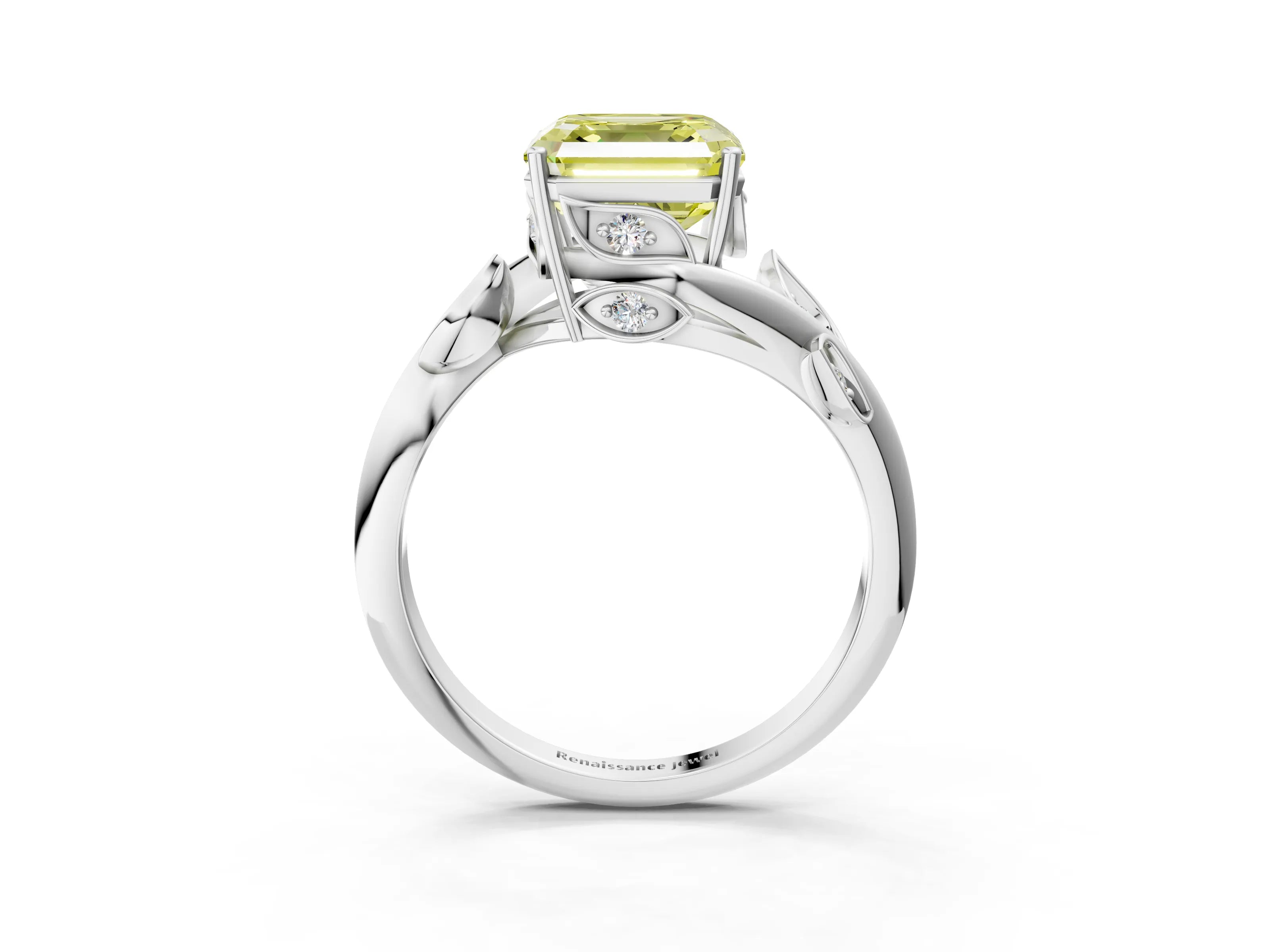 White gold Fancy Yellow Asscher Cut Solitaire Twist Engagement Ring with Leaf Accents and Prong Setting_15