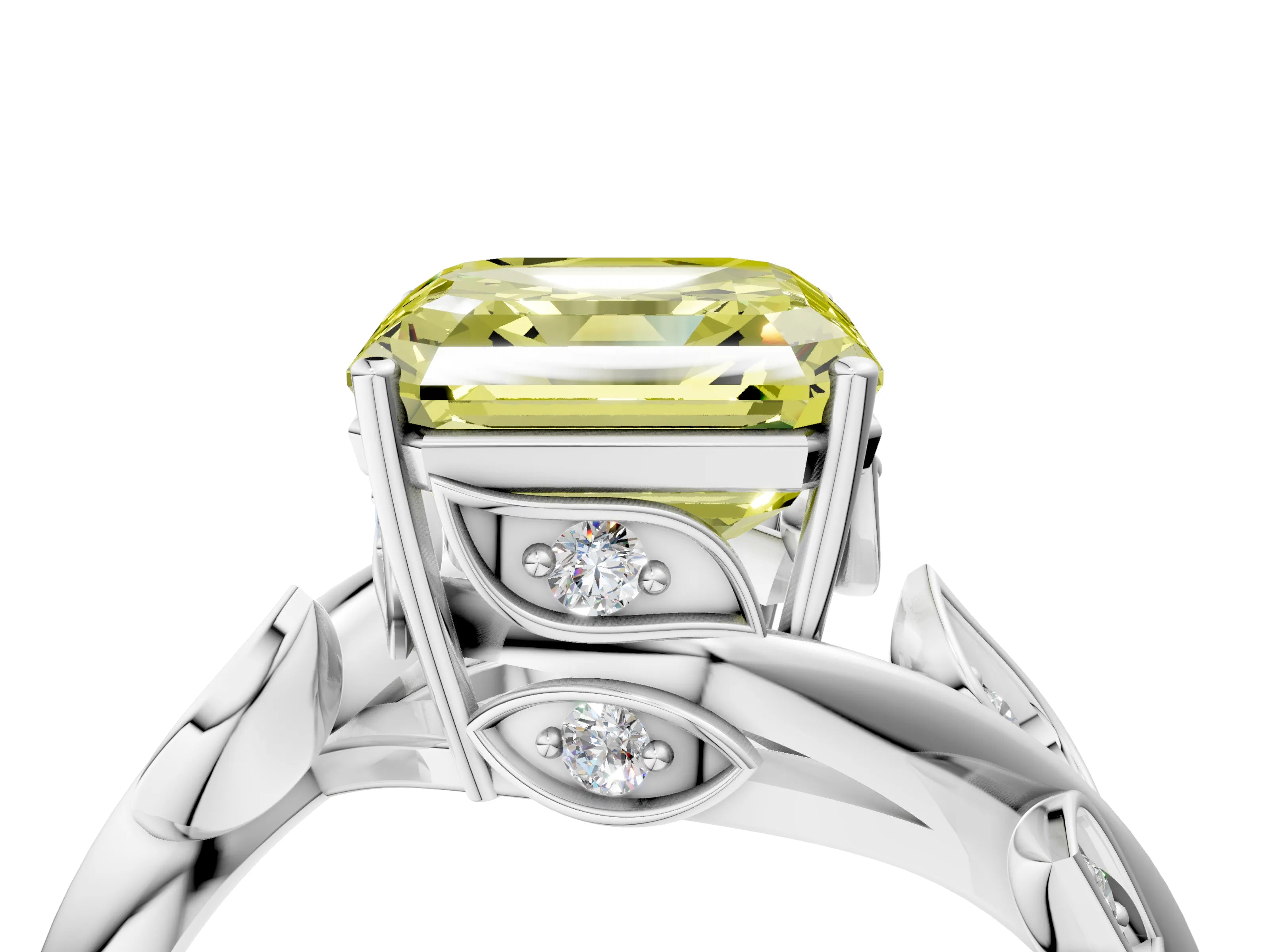 White gold Fancy Yellow Asscher Cut Solitaire Twist Engagement Ring with Leaf Accents and Prong Setting_16