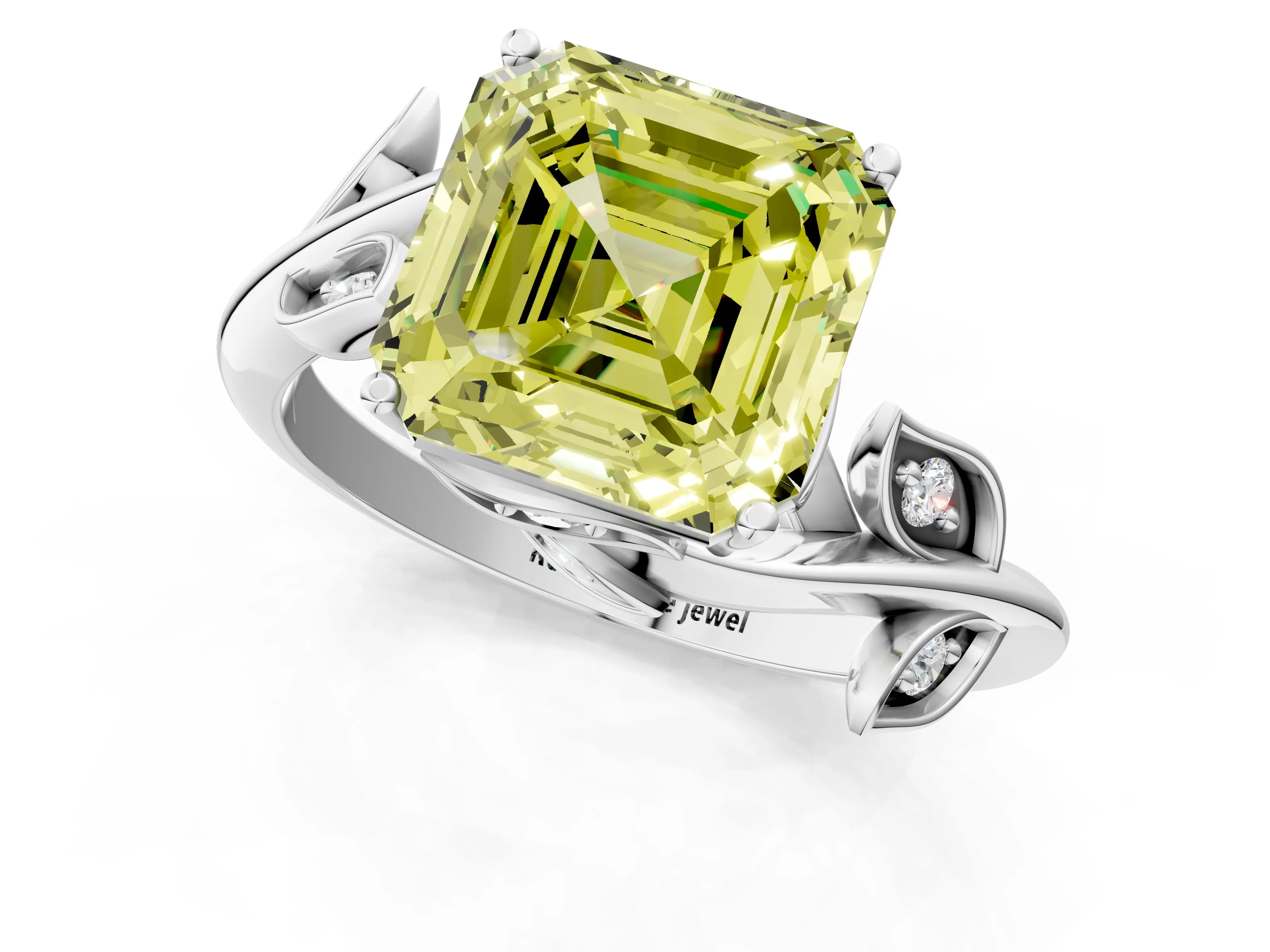 White gold Fancy Yellow Asscher Cut Solitaire Twist Engagement Ring with Leaf Accents and Prong Setting_1