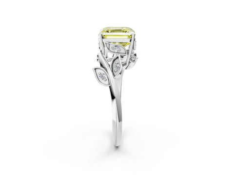 White gold Fancy Yellow Asscher Cut Solitaire Twist Engagement Ring with Leaf Accents and Prong Setting_2