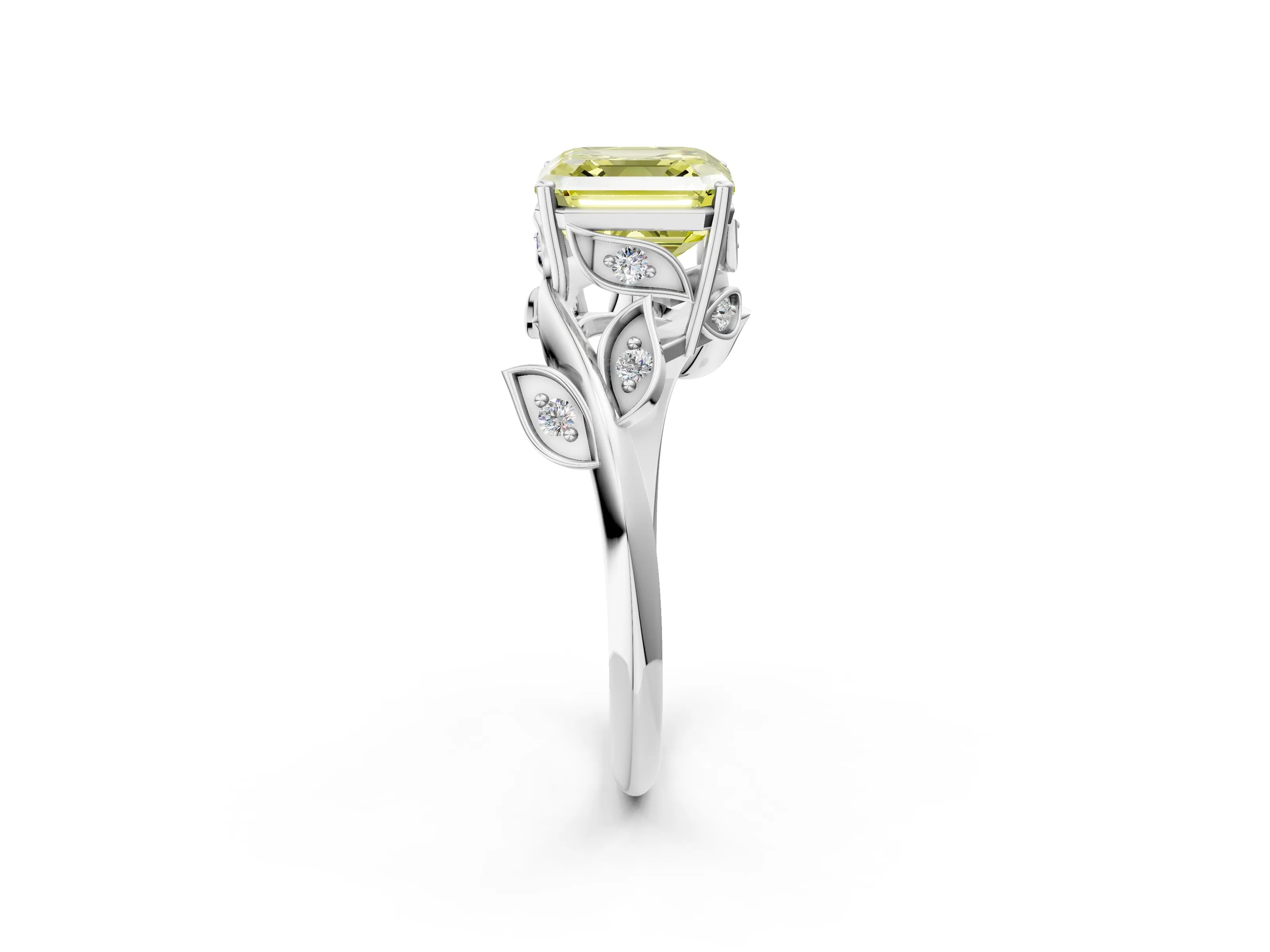 White gold Fancy Yellow Asscher Cut Solitaire Twist Engagement Ring with Leaf Accents and Prong Setting_2