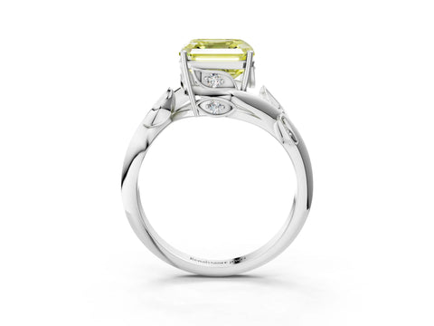 White gold Fancy Yellow Asscher Cut Solitaire Twist Engagement Ring with Leaf Accents and Prong Setting_3