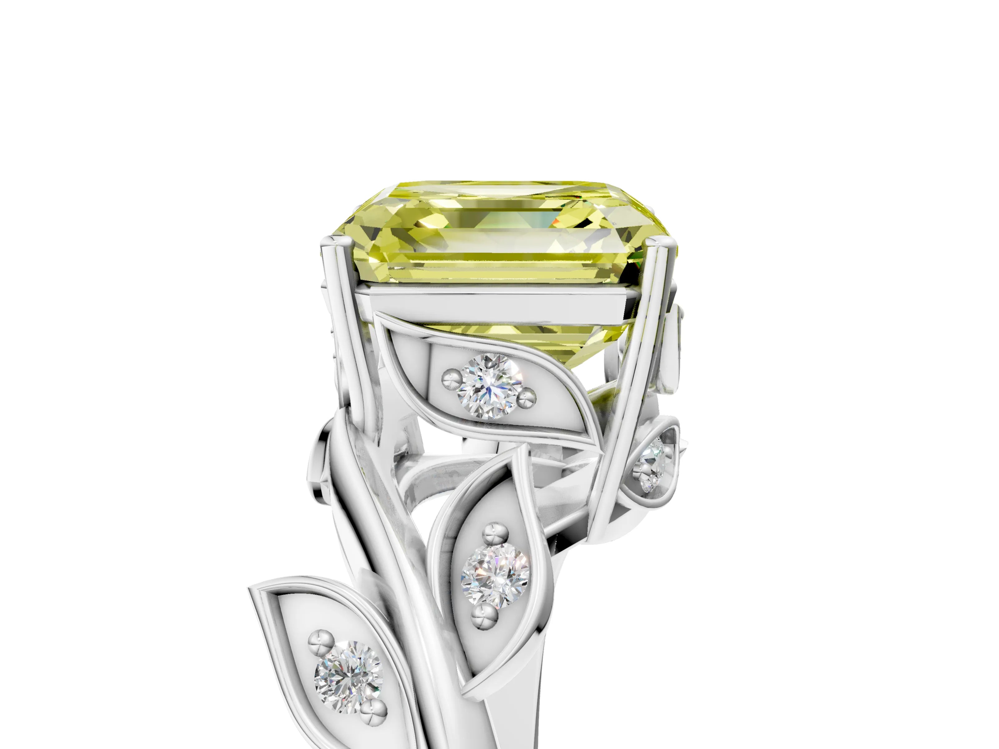 White gold Fancy Yellow Asscher Cut Solitaire Twist Engagement Ring with Leaf Accents and Prong Setting_5