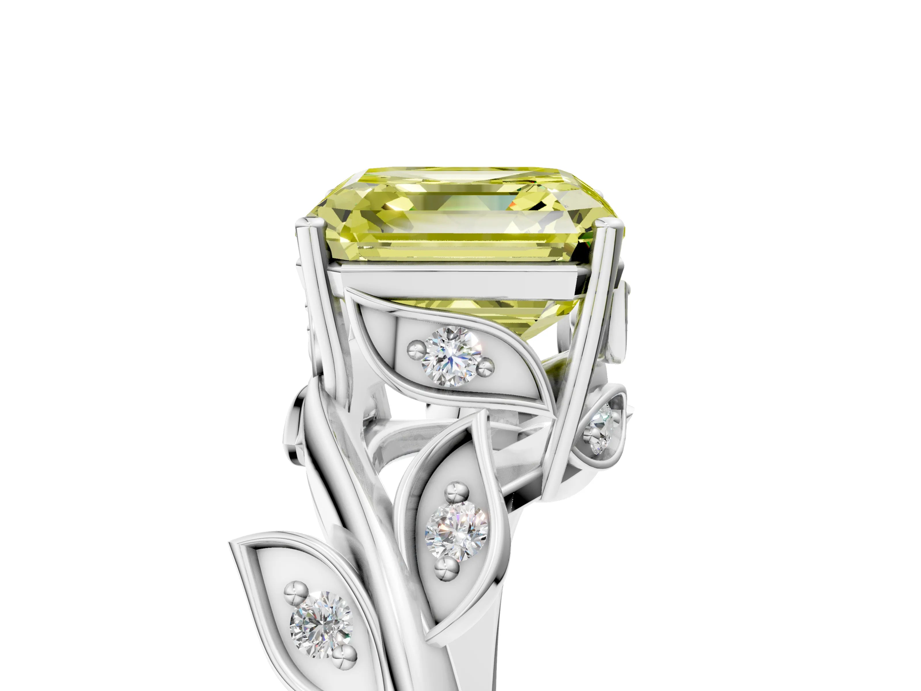 White gold Fancy Yellow Asscher Cut Solitaire Twist Engagement Ring with Leaf Accents and Prong Setting_5