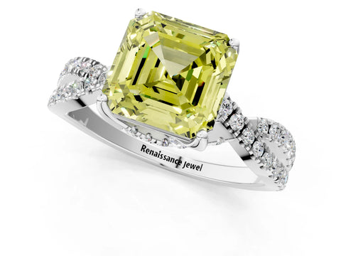 White gold Fancy Yellow Asscher Cut Solitaire Twist Pave Diamond Engagement Ring with Prong Setting_1