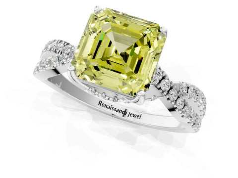 White gold Fancy Yellow Asscher Cut Solitaire Twist Pave Diamond Engagement Ring with Prong Setting_1