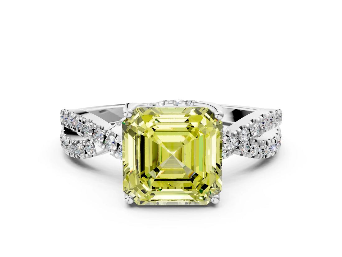 White gold Fancy Yellow Asscher Cut Solitaire Twist Pave Diamond Engagement Ring with Prong Setting_24