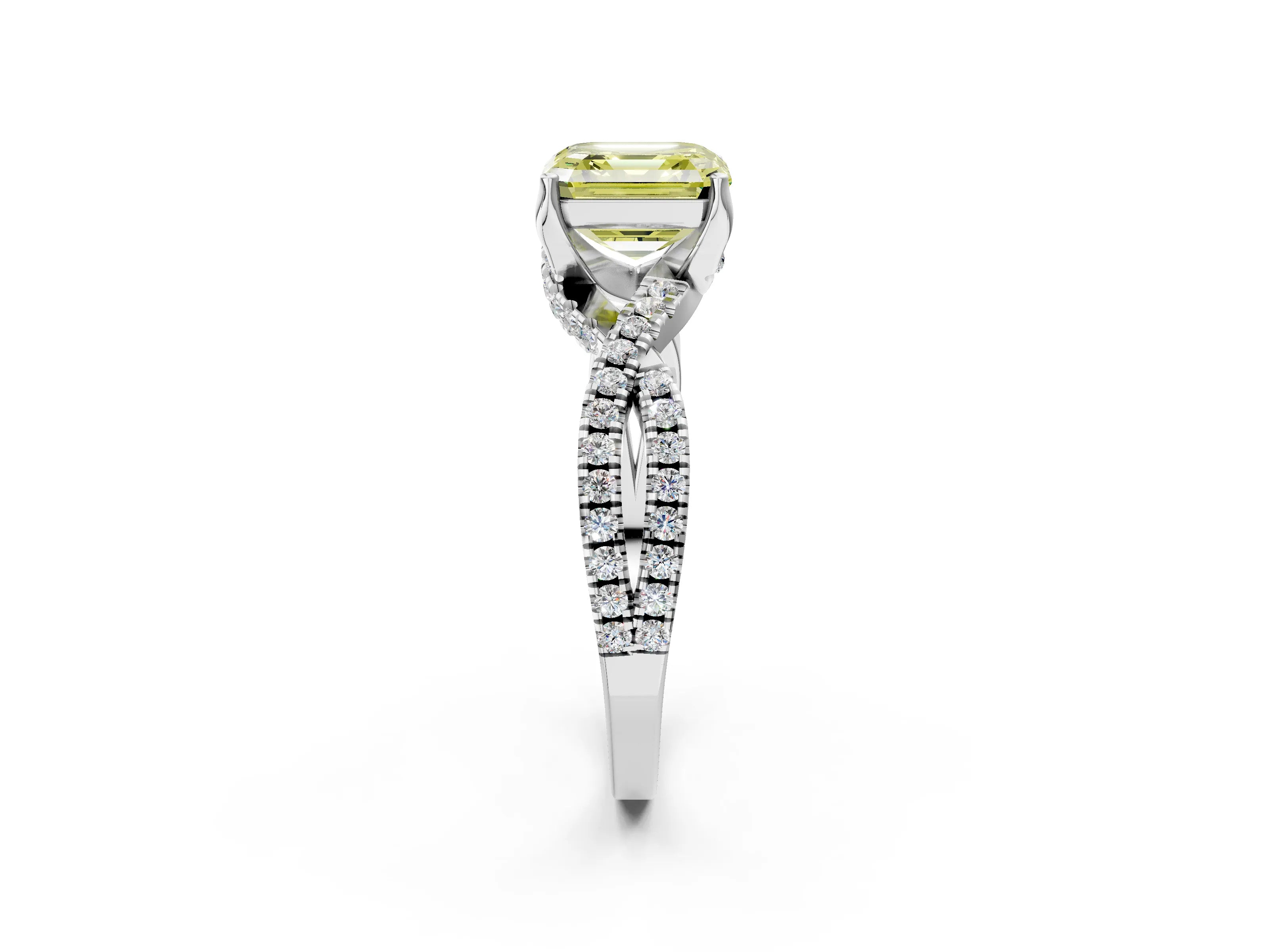 White gold Fancy Yellow Asscher Cut Solitaire Twist Pave Diamond Engagement Ring with Prong Setting_2