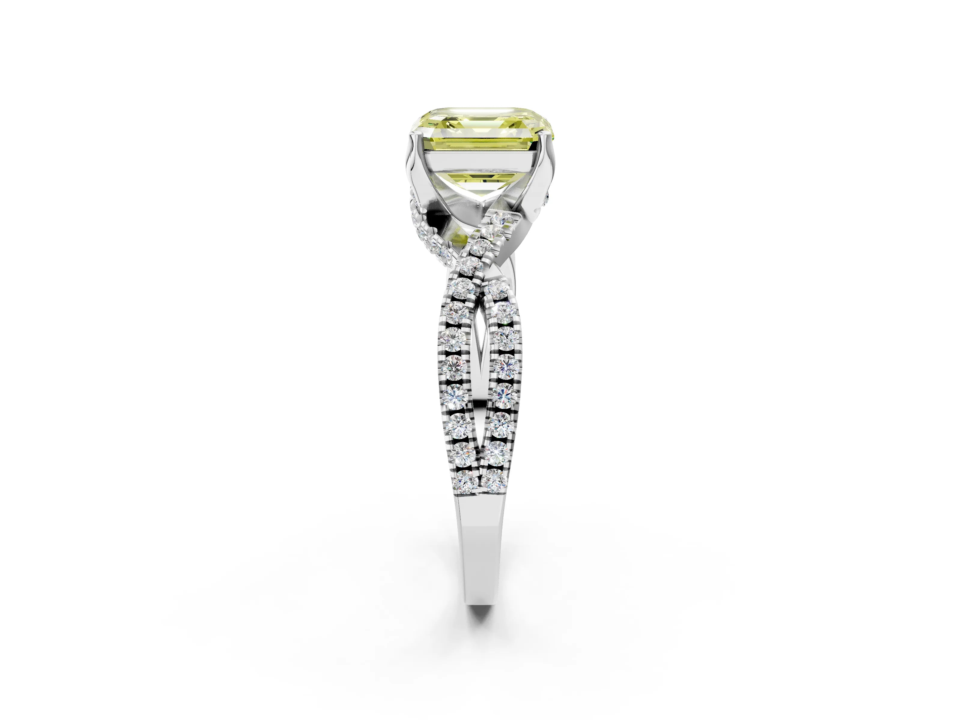 White gold Fancy Yellow Asscher Cut Solitaire Twist Pave Diamond Engagement Ring with Prong Setting_2