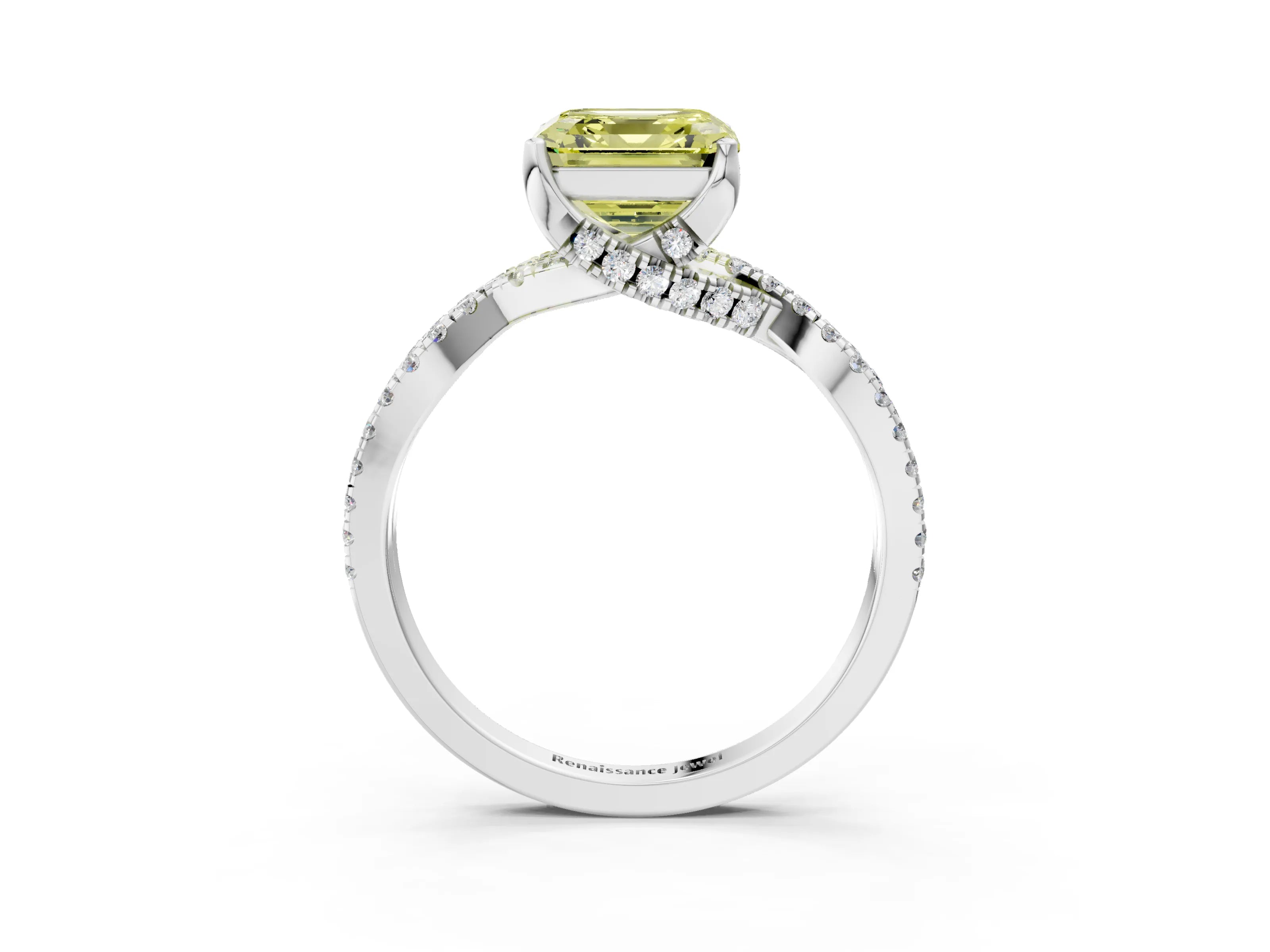 White gold Fancy Yellow Asscher Cut Solitaire Twist Pave Diamond Engagement Ring with Prong Setting_3