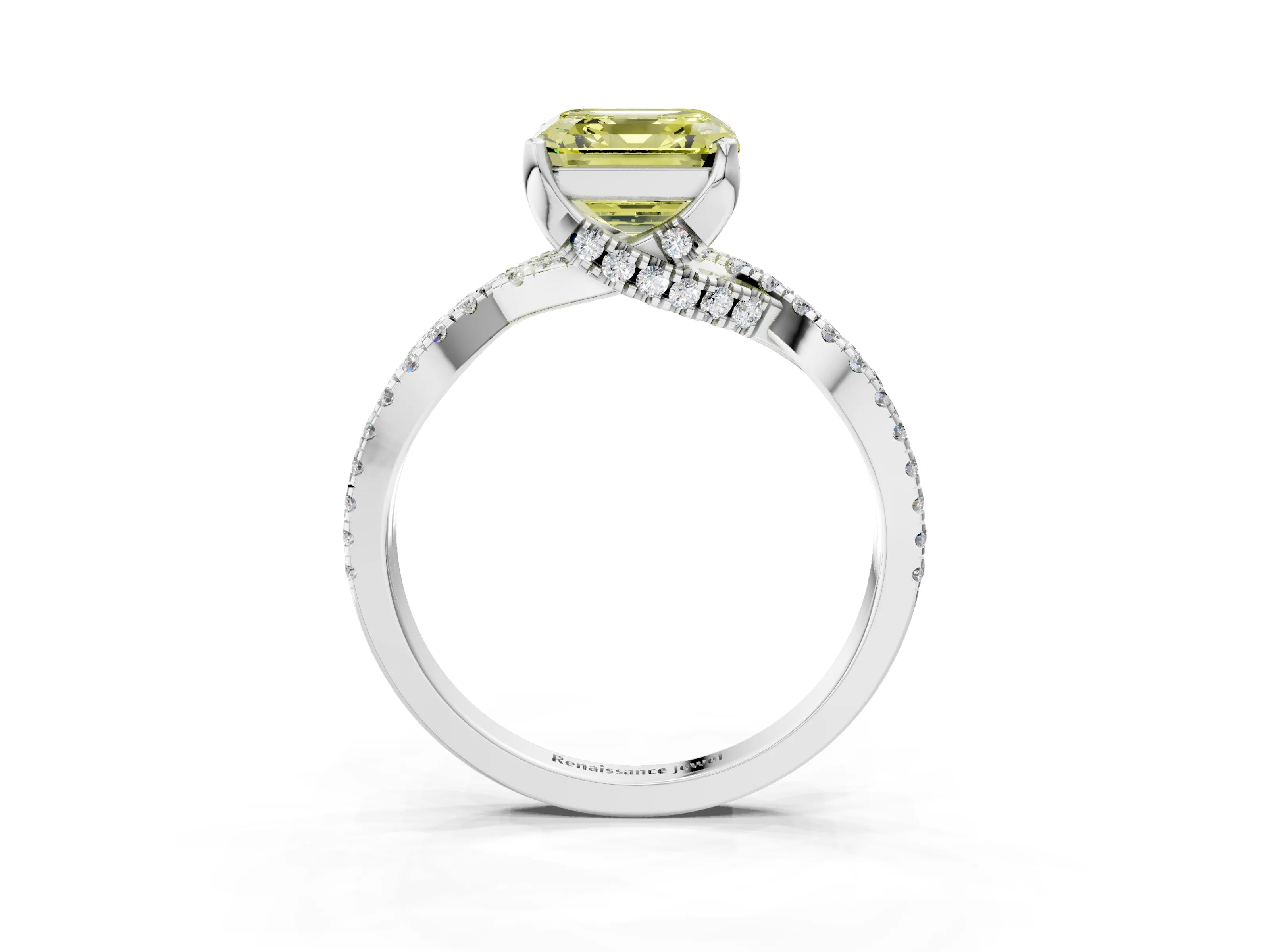White gold Fancy Yellow Asscher Cut Solitaire Twist Pave Diamond Engagement Ring with Prong Setting_3