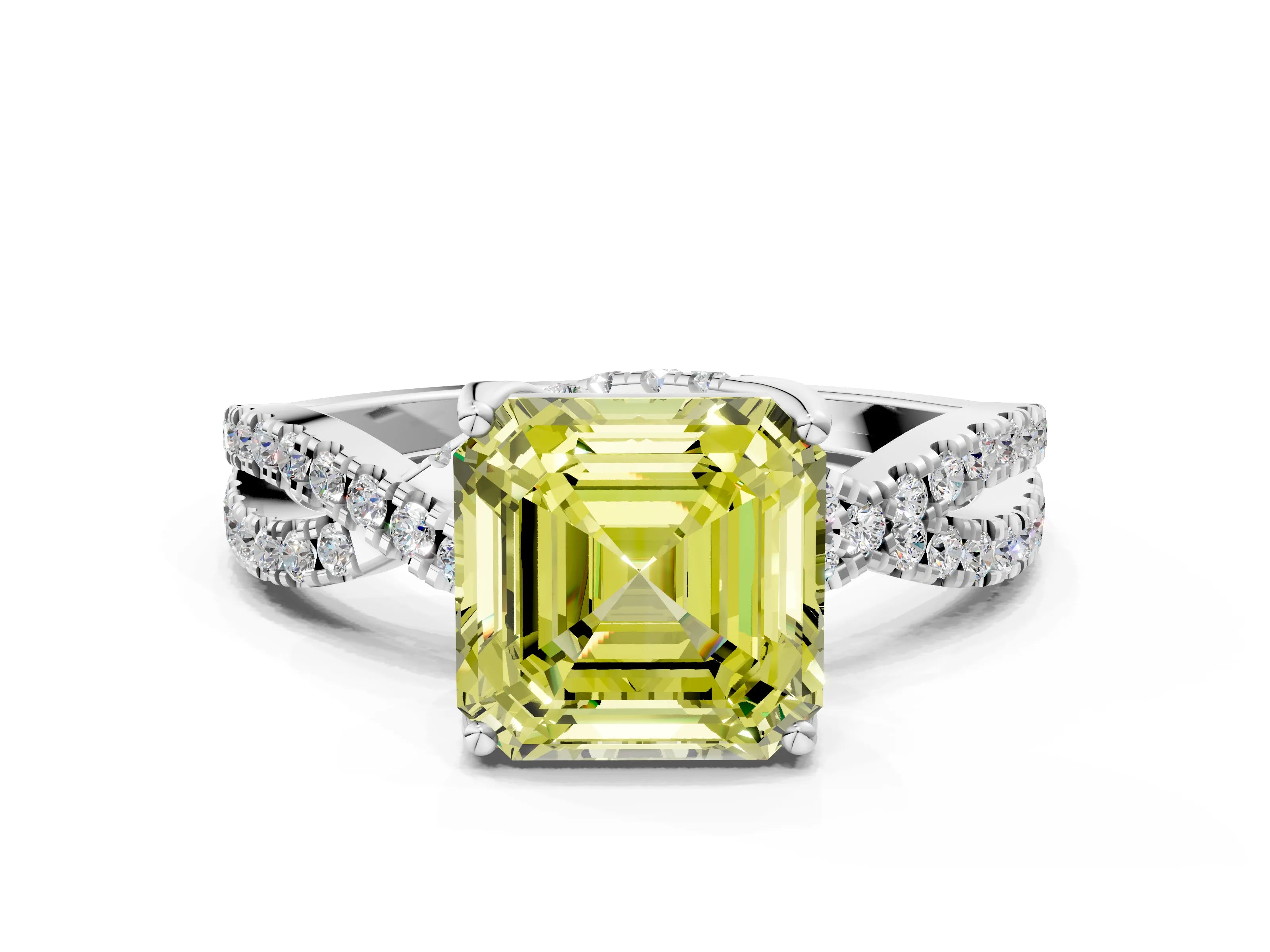 White gold Fancy Yellow Asscher Cut Solitaire Twist Pave Diamond Engagement Ring with Prong Setting