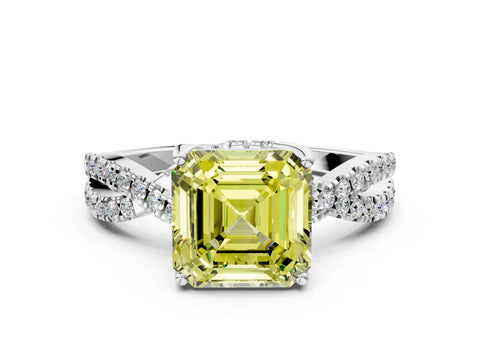 White gold Fancy Yellow Asscher Cut Solitaire Twist Pave Diamond Engagement Ring with Prong Setting