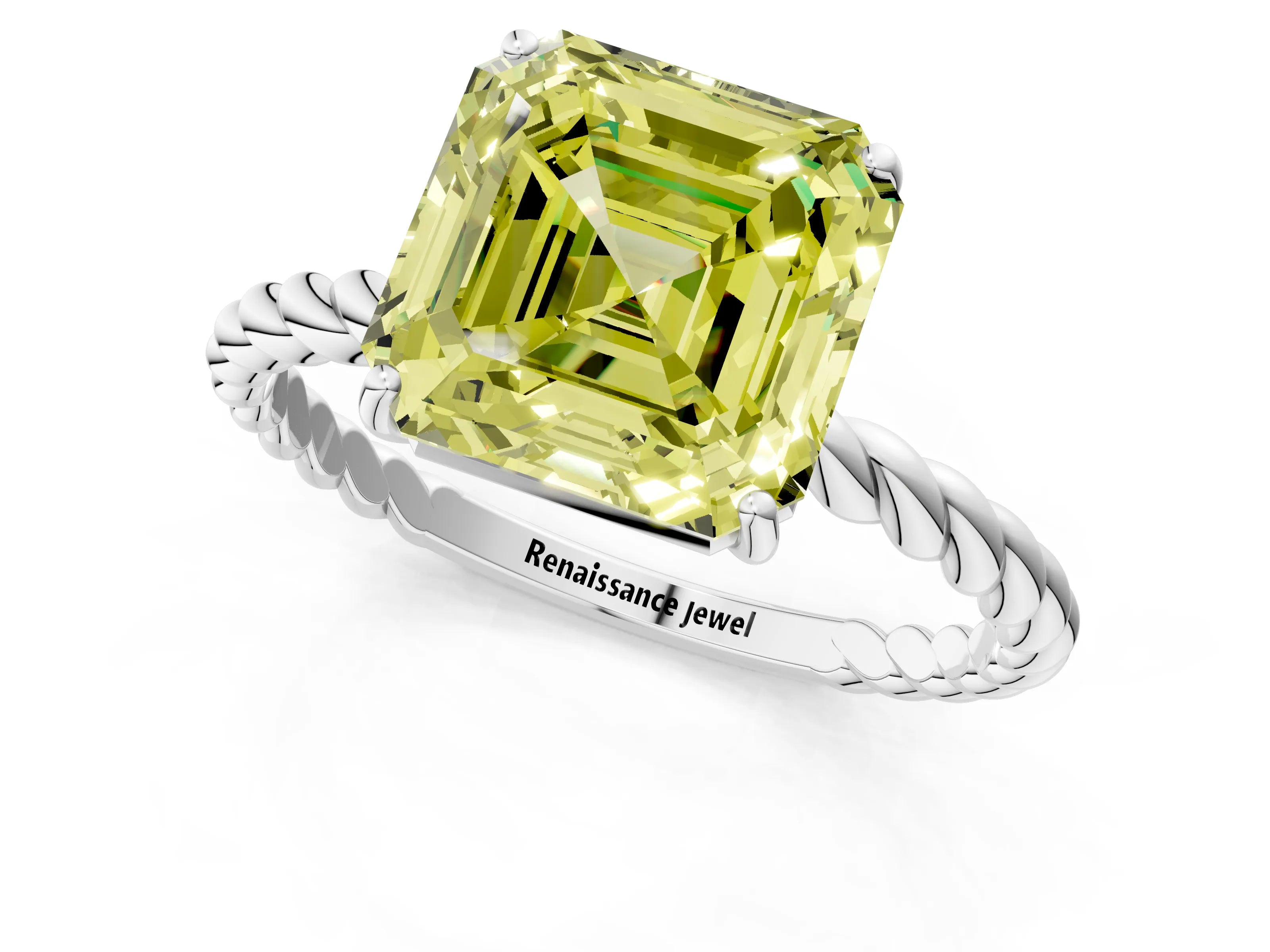 White gold Fancy Yellow Asscher Cut Solitaire Twisted Band 4-Prong Ring_25