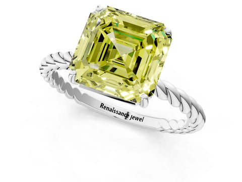 White gold Fancy Yellow Asscher Cut Solitaire Twisted Band 4-Prong Ring_25