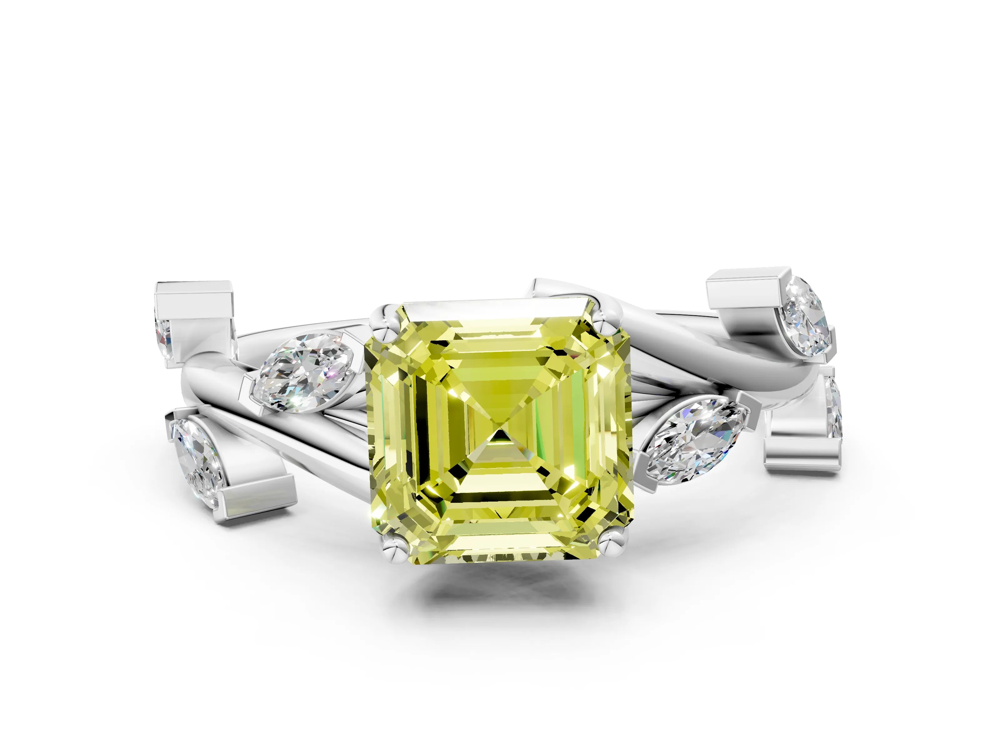 White gold Fancy Yellow Asscher Cut Solitaire Twisted Band Marquise Accent Prong Setting Ring