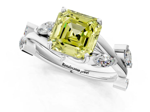 White gold Fancy Yellow Asscher Cut Solitaire Twisted Band Marquise Accent Prong Setting Ring_1