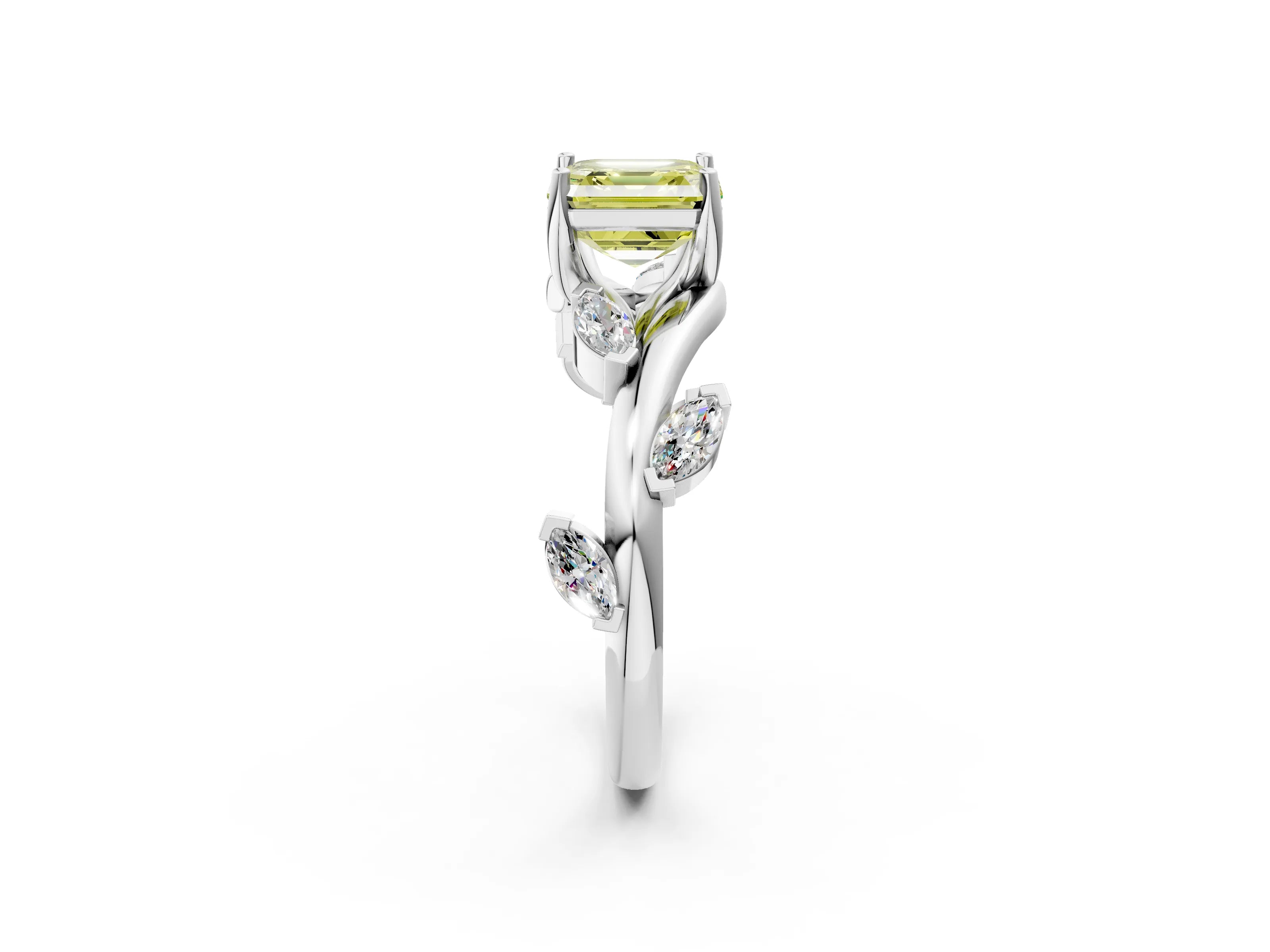 White gold Fancy Yellow Asscher Cut Solitaire Twisted Band Marquise Accent Prong Setting Ring_2