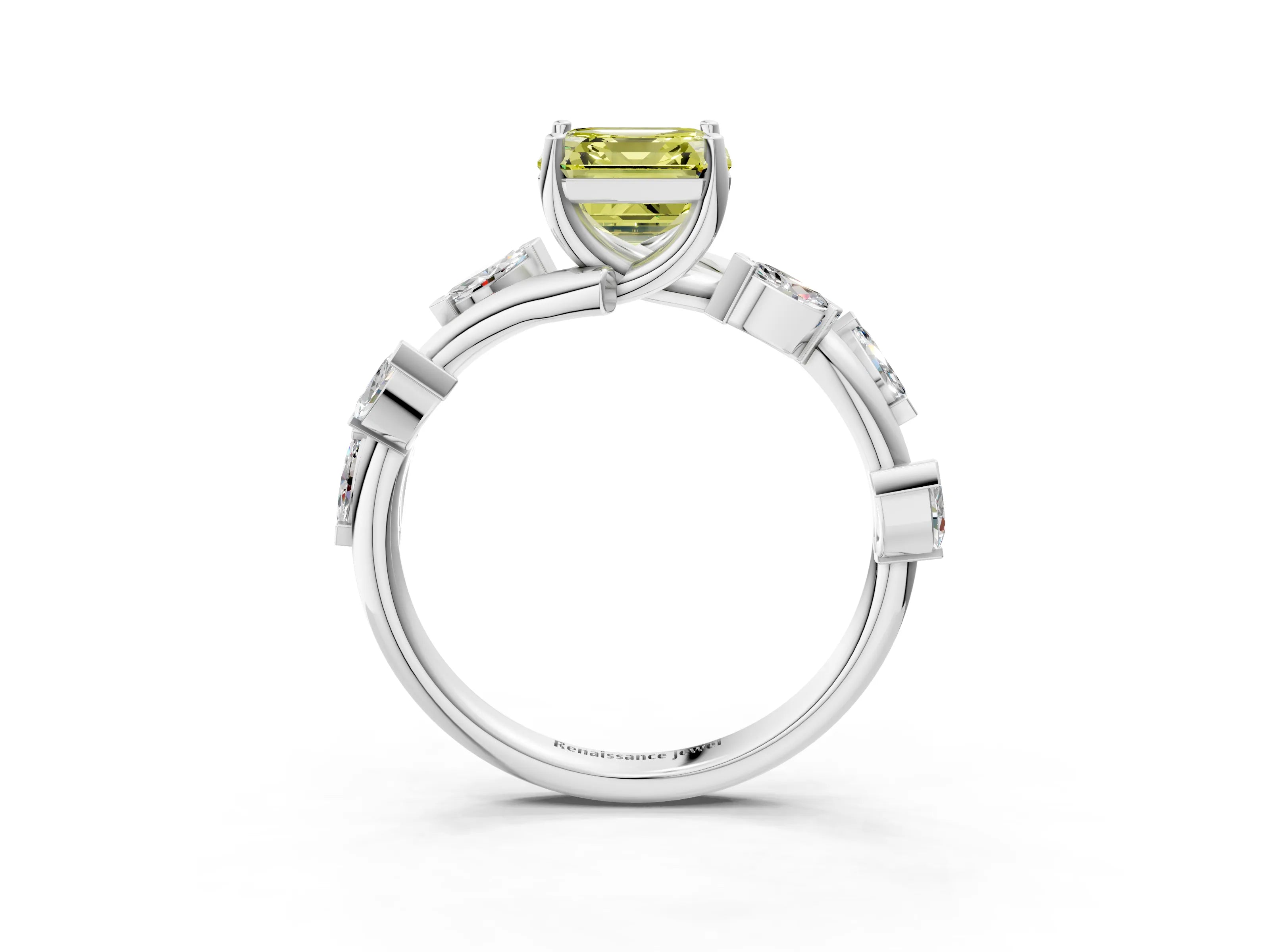 White gold Fancy Yellow Asscher Cut Solitaire Twisted Band Marquise Accent Prong Setting Ring_3