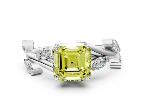 White gold Fancy Yellow Asscher Cut Solitaire Twisted Band Marquise Accent Prong Setting Ring