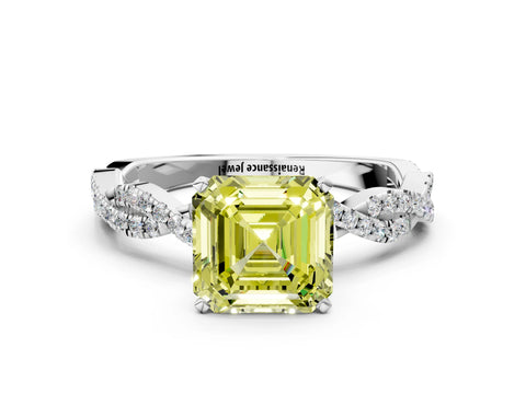 White gold Fancy Yellow Asscher Cut Solitaire Twisted Pave Band with Four-Prong Setting_15