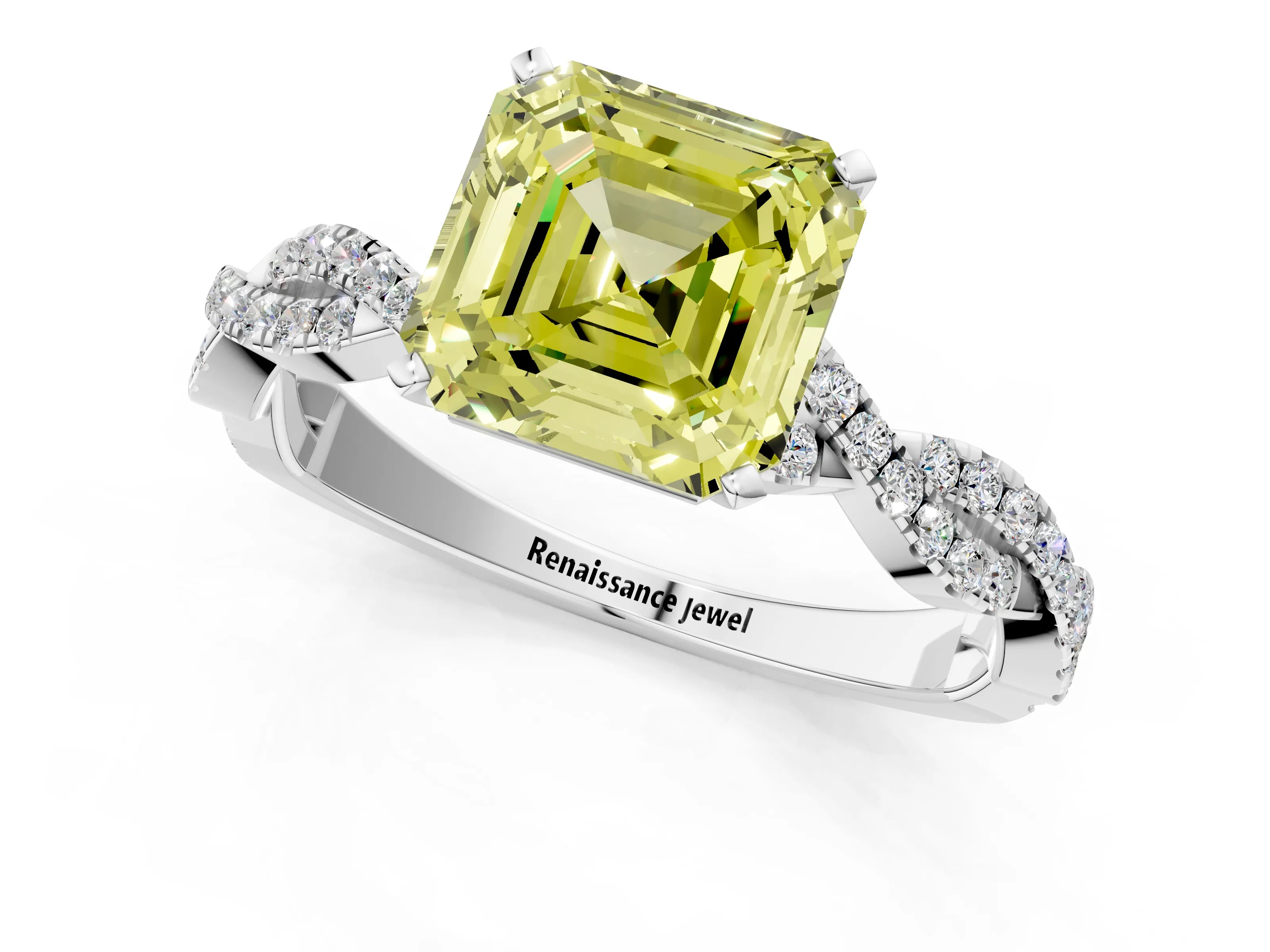White gold Fancy Yellow Asscher Cut Solitaire Twisted Pave Band with Four-Prong Setting_16