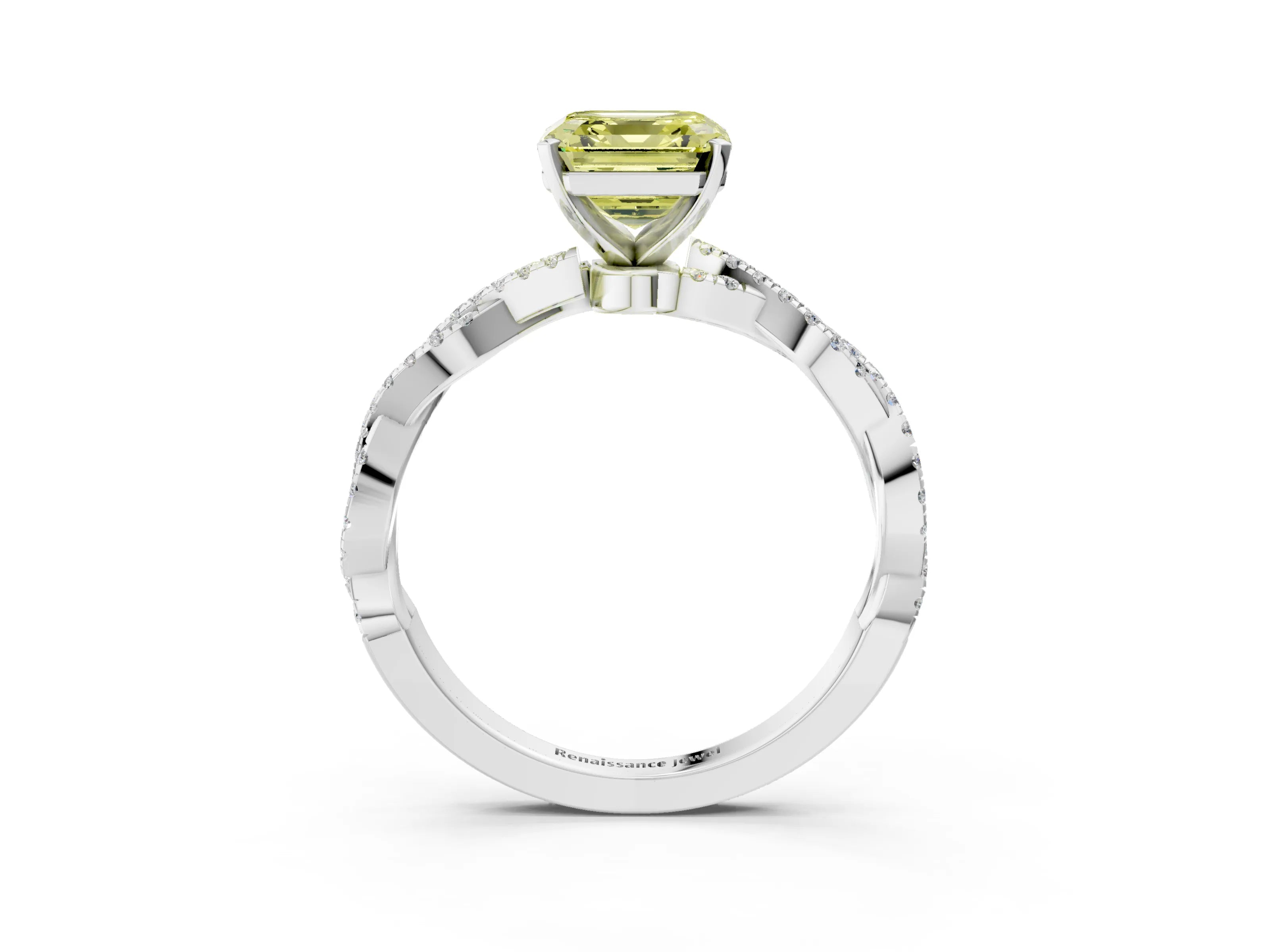 White gold Fancy Yellow Asscher Cut Solitaire Twisted Pave Band with Four-Prong Setting_18