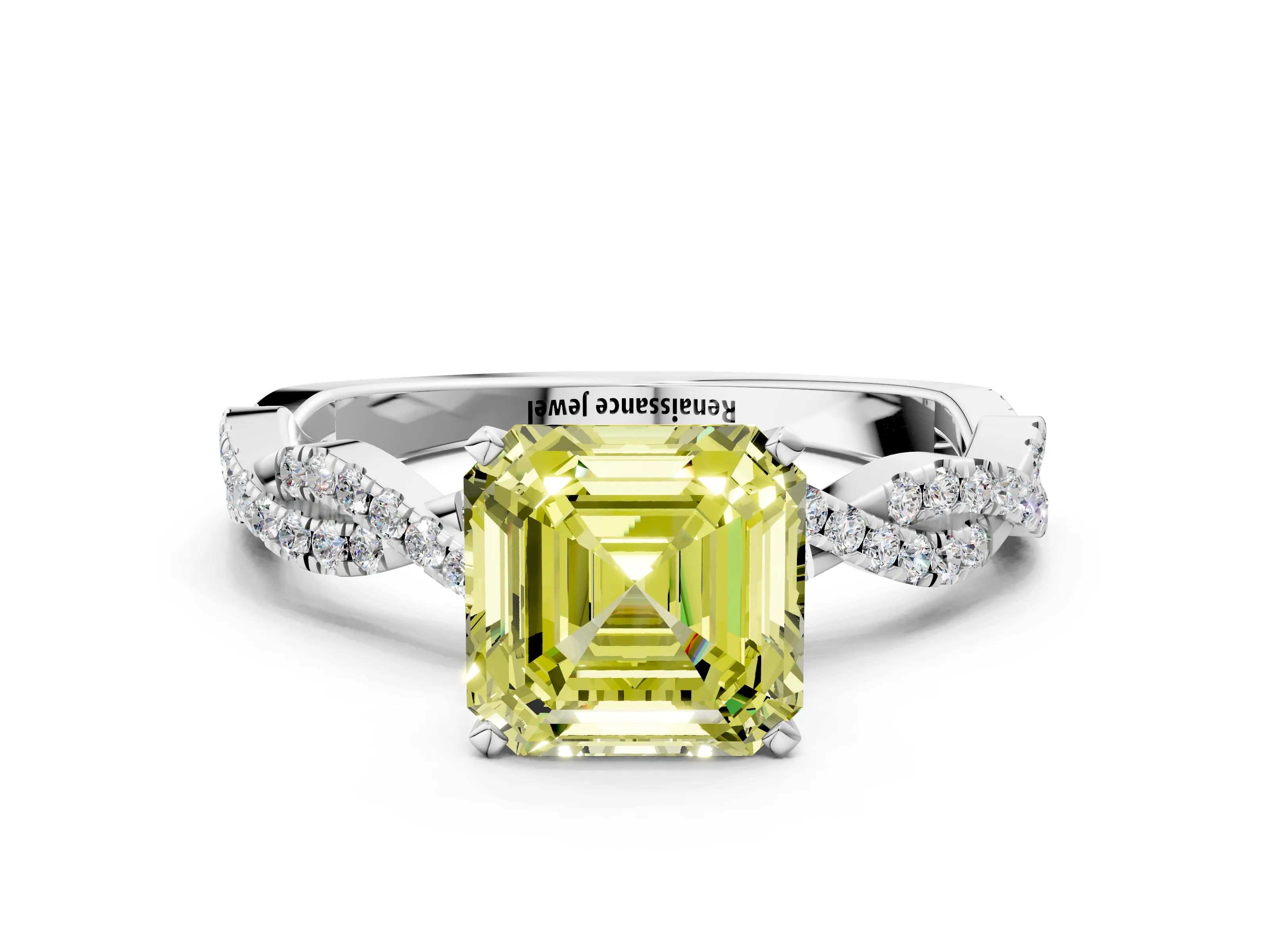 White gold Fancy Yellow Asscher Cut Solitaire Twisted Pave Band with Four-Prong Setting_3
