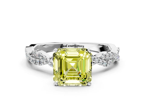 White gold Fancy Yellow Asscher Cut Solitaire Twisted Pave Band with Four-Prong Setting_3