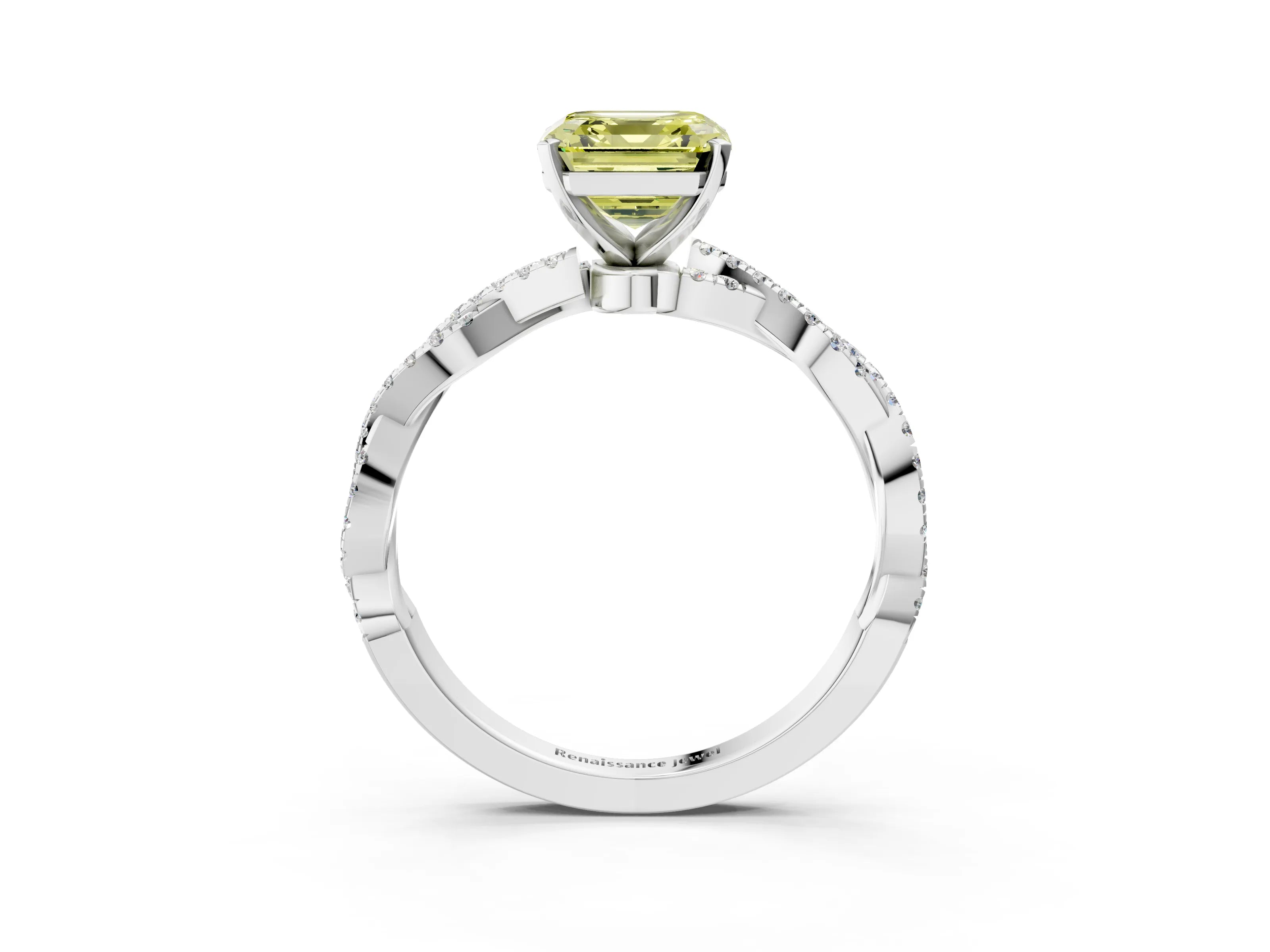 White gold Fancy Yellow Asscher Cut Solitaire Twisted Pave Band with Four-Prong Setting_6