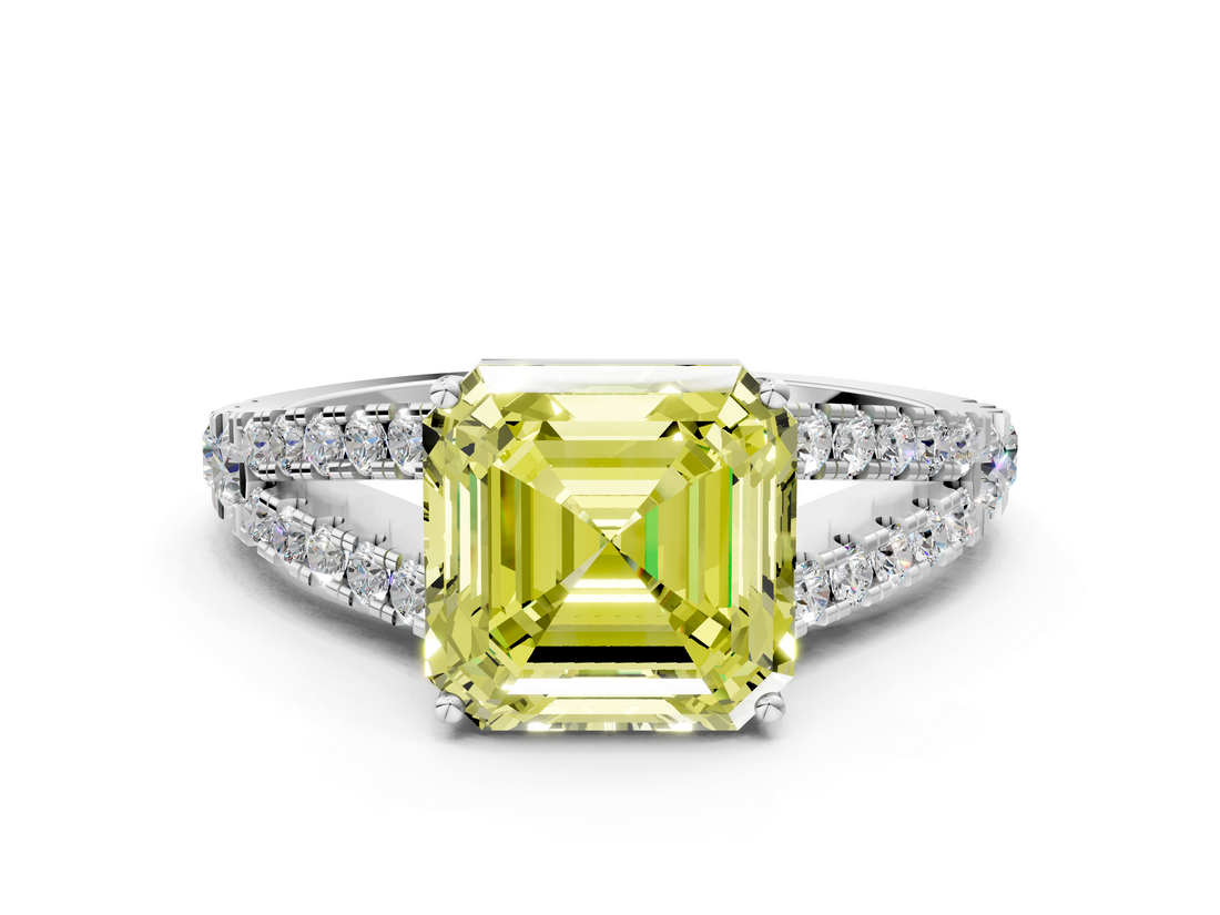 White gold Fancy Yellow Asscher  Cut Split Shank Pave Diamond Engagement Ring with Four-Prong Setting