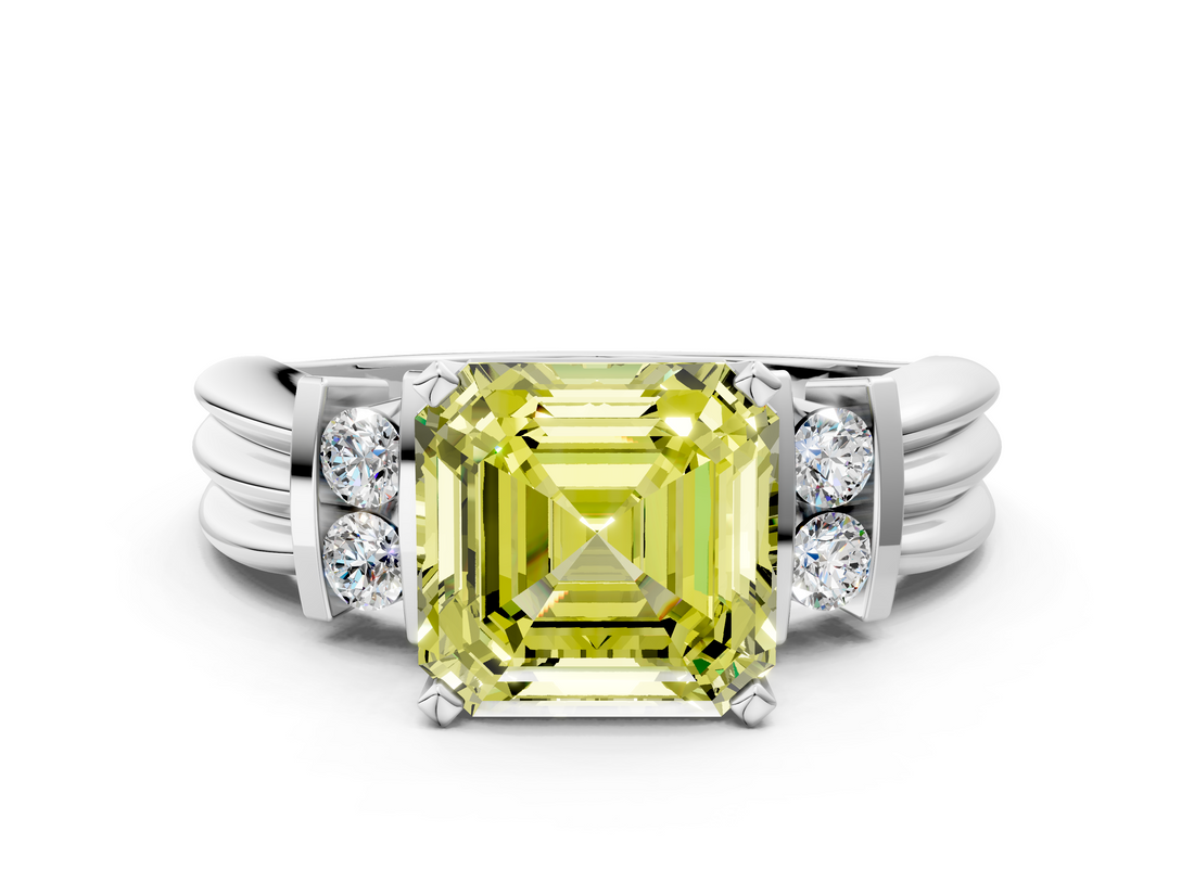 White gold Fancy Yellow Asscher  Cut Three-Stone Channel Set Ring with Bar Prongs