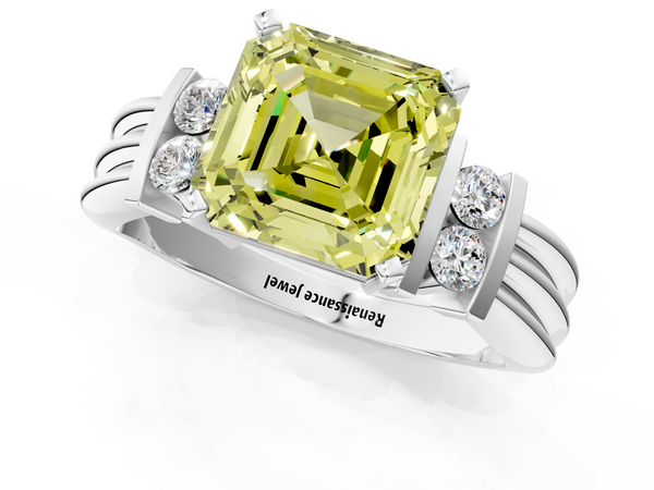 Platinum Asscher Cut Grooved Band Engagement Ring Setting for Fancy Yellow Center