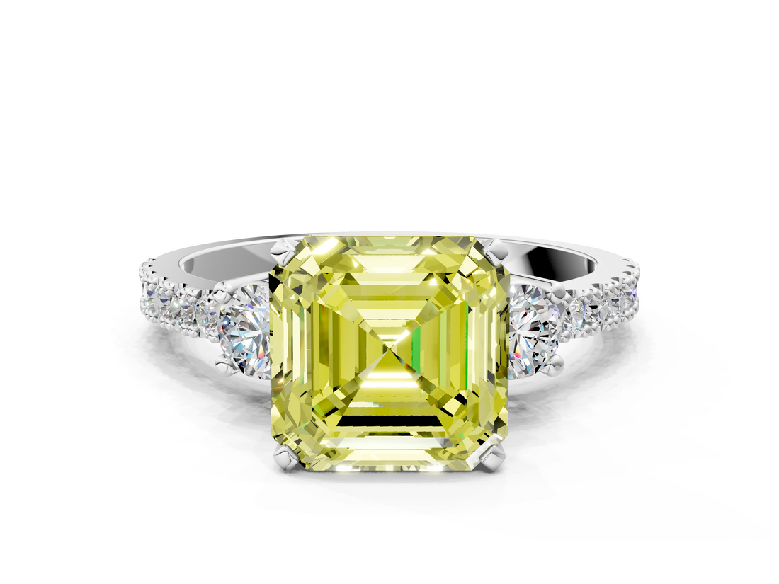 White gold Fancy Yellow Asscher  Cut Three-Stone Diamond Pavé Band with Prong Setting_17
