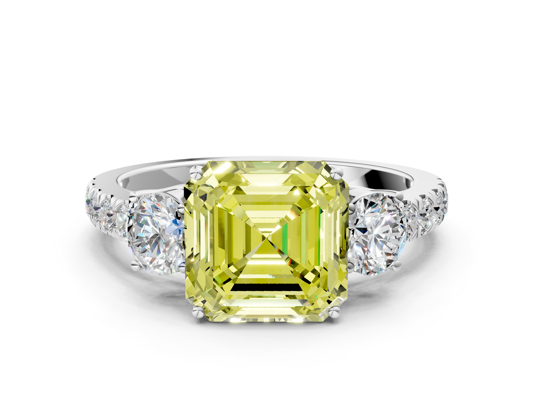 White gold Fancy Yellow Asscher  Cut Three-Stone Diamond Pave Band with Prong Setting_51