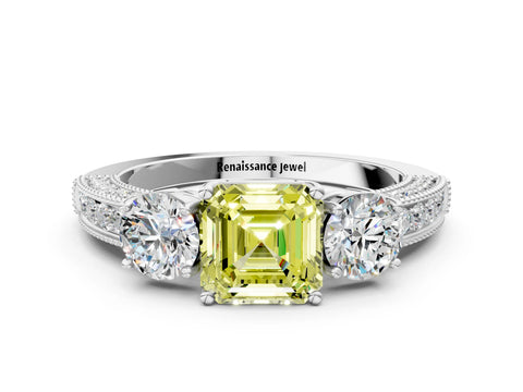 White gold Fancy Yellow Asscher Cut Three-Stone Diamond Ring with Pavé Band and Four-Prong Setting_24