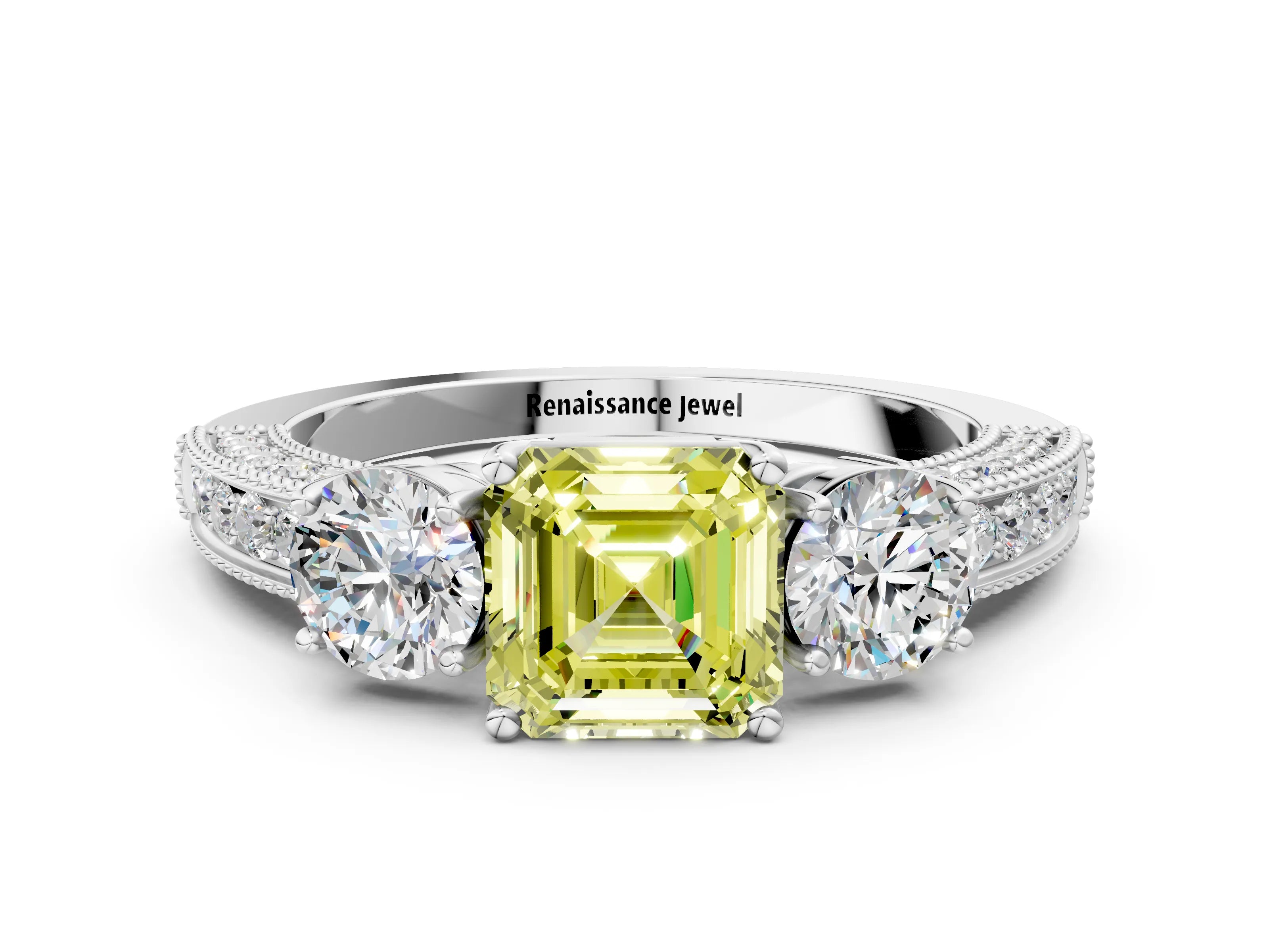 White gold Fancy Yellow Asscher Cut Three-Stone Diamond Ring with Pavé Band and Four-Prong Setting_24