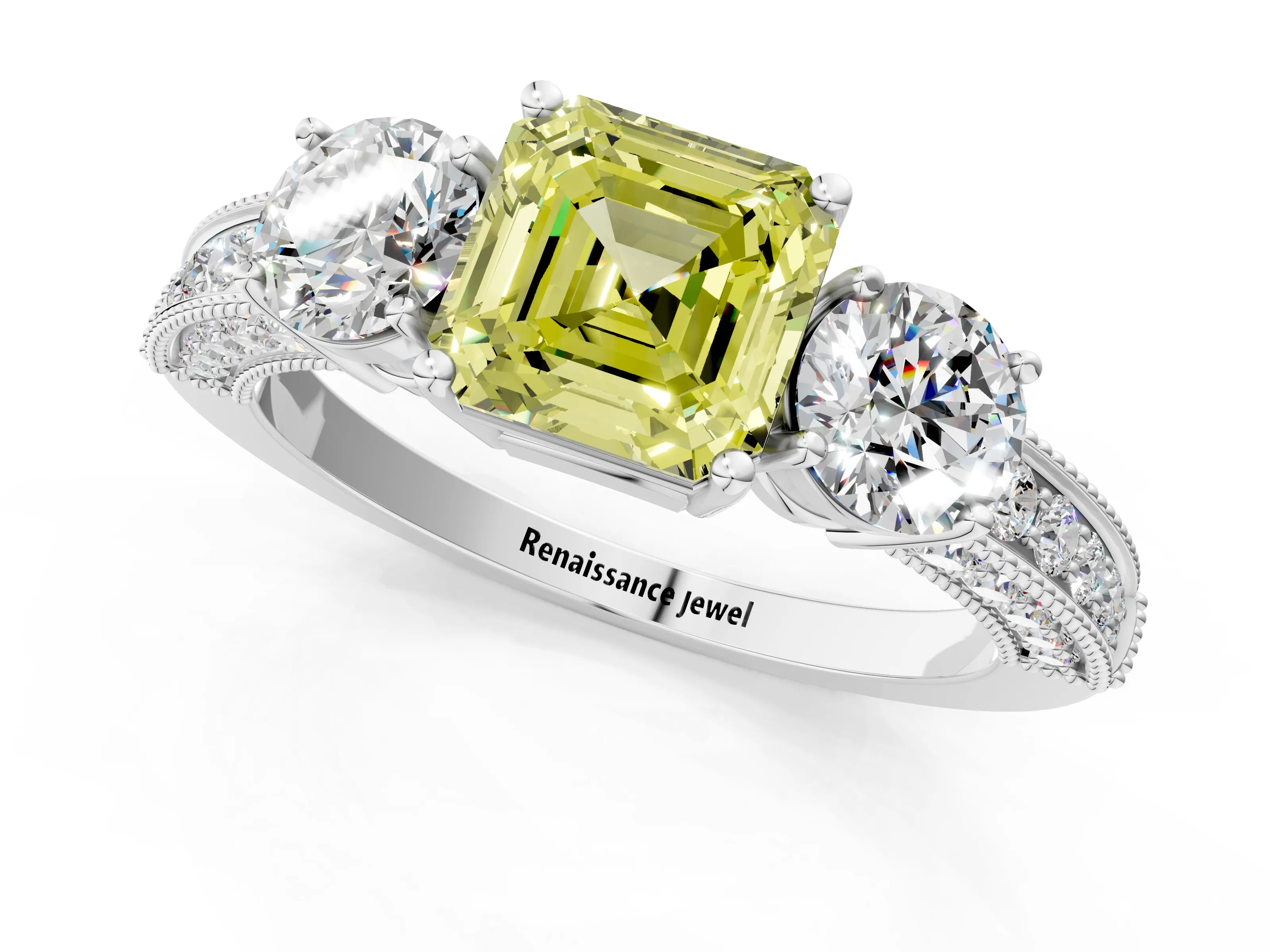 White gold Fancy Yellow Asscher Cut Three-Stone Diamond Ring with Pavé Band and Four-Prong Setting_25