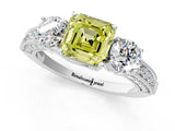 White gold Fancy Yellow Asscher Cut Three-Stone Diamond Ring with Pavé Band and Four-Prong Setting_25