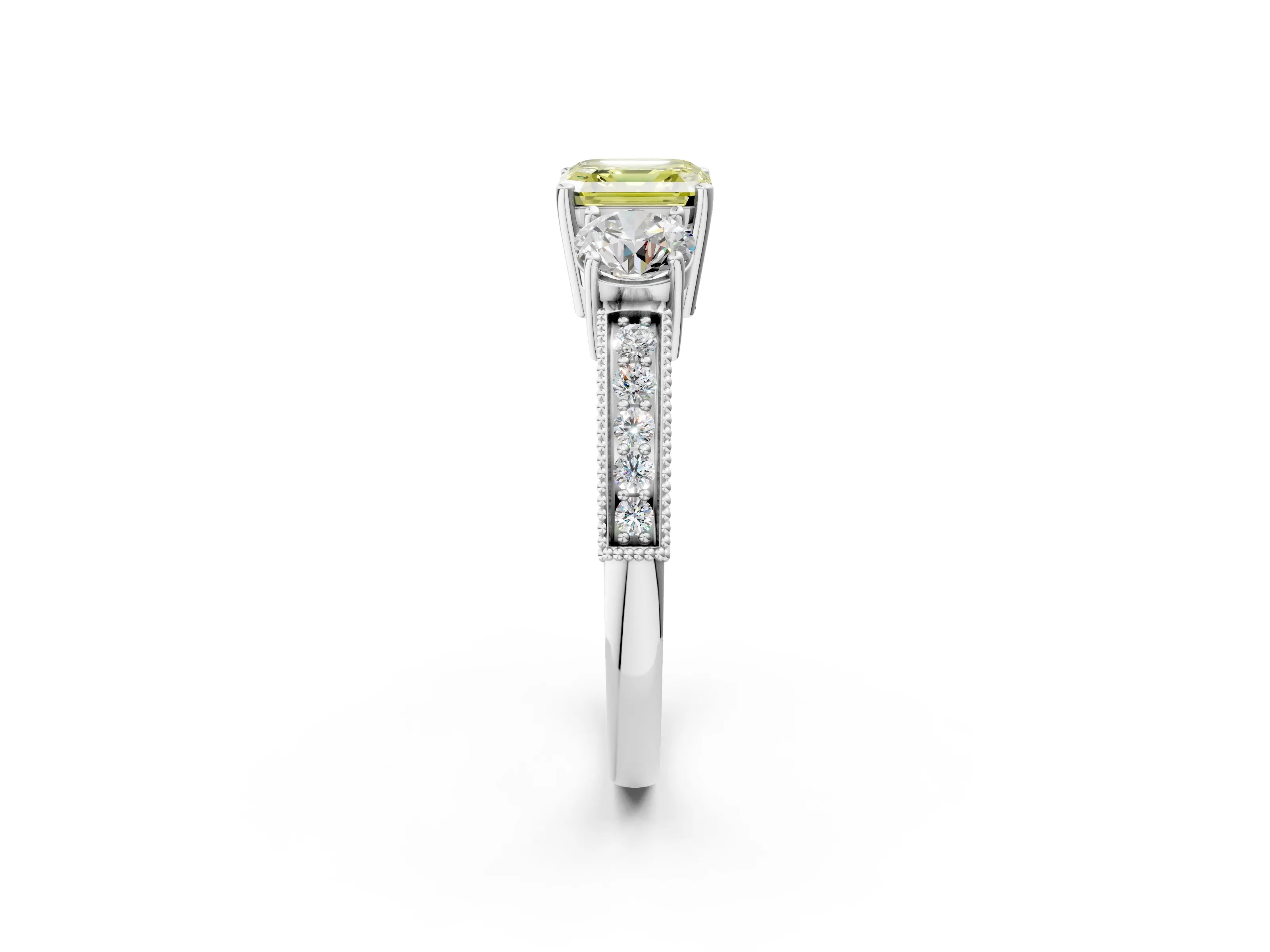 White gold Fancy Yellow Asscher Cut Three-Stone Diamond Ring with Pavé Band and Four-Prong Setting_26