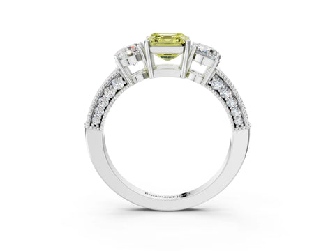 White gold Fancy Yellow Asscher Cut Three-Stone Diamond Ring with Pavé Band and Four-Prong Setting_27