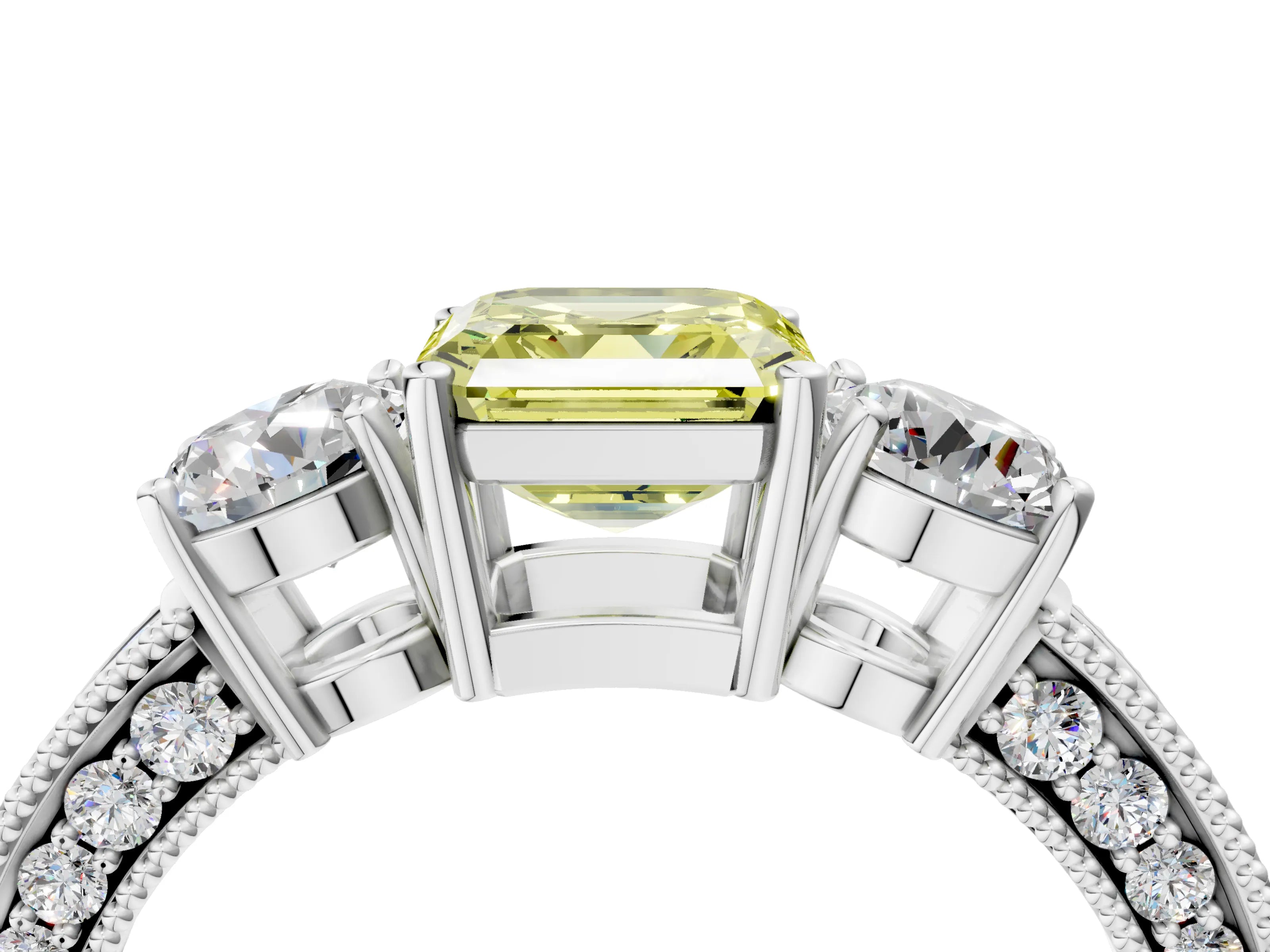 White gold Fancy Yellow Asscher Cut Three-Stone Diamond Ring with Pavé Band and Four-Prong Setting_28