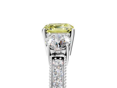 White gold Fancy Yellow Asscher Cut Three-Stone Diamond Ring with Pavé Band and Four-Prong Setting_29