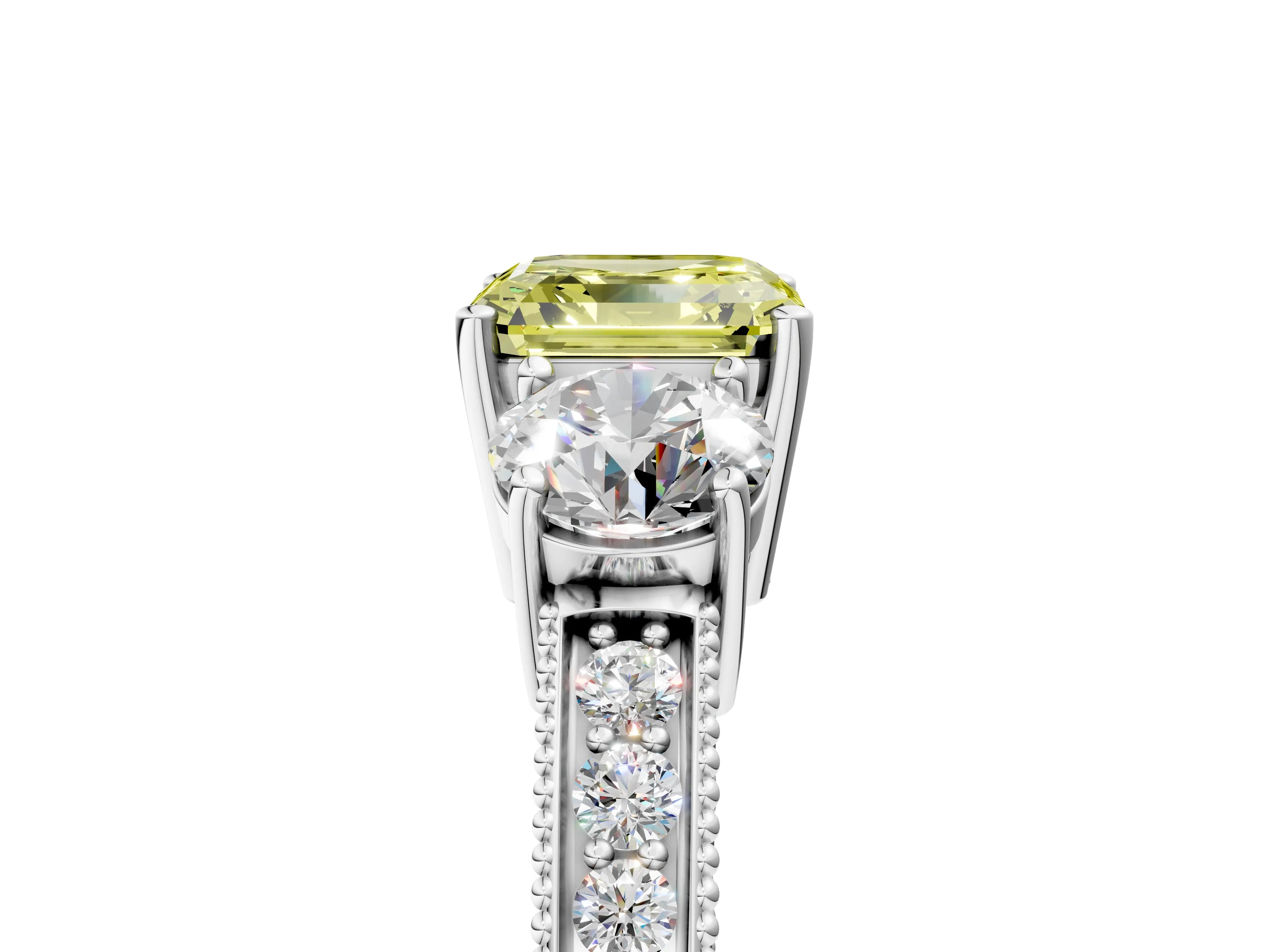 White gold Fancy Yellow Asscher Cut Three-Stone Diamond Ring with Pavé Band and Four-Prong Setting_29