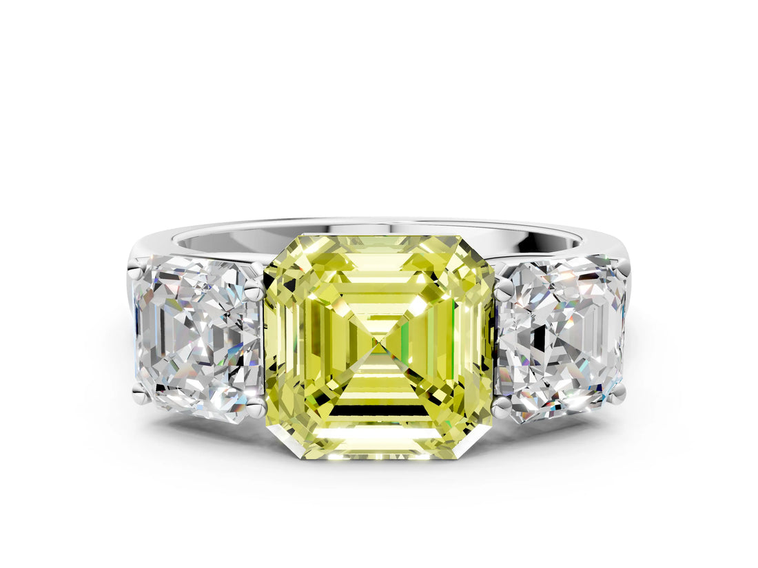 White gold Fancy Yellow Asscher Cut Three-Stone Diamond Ring with Prong Setting on a Classic Band_12