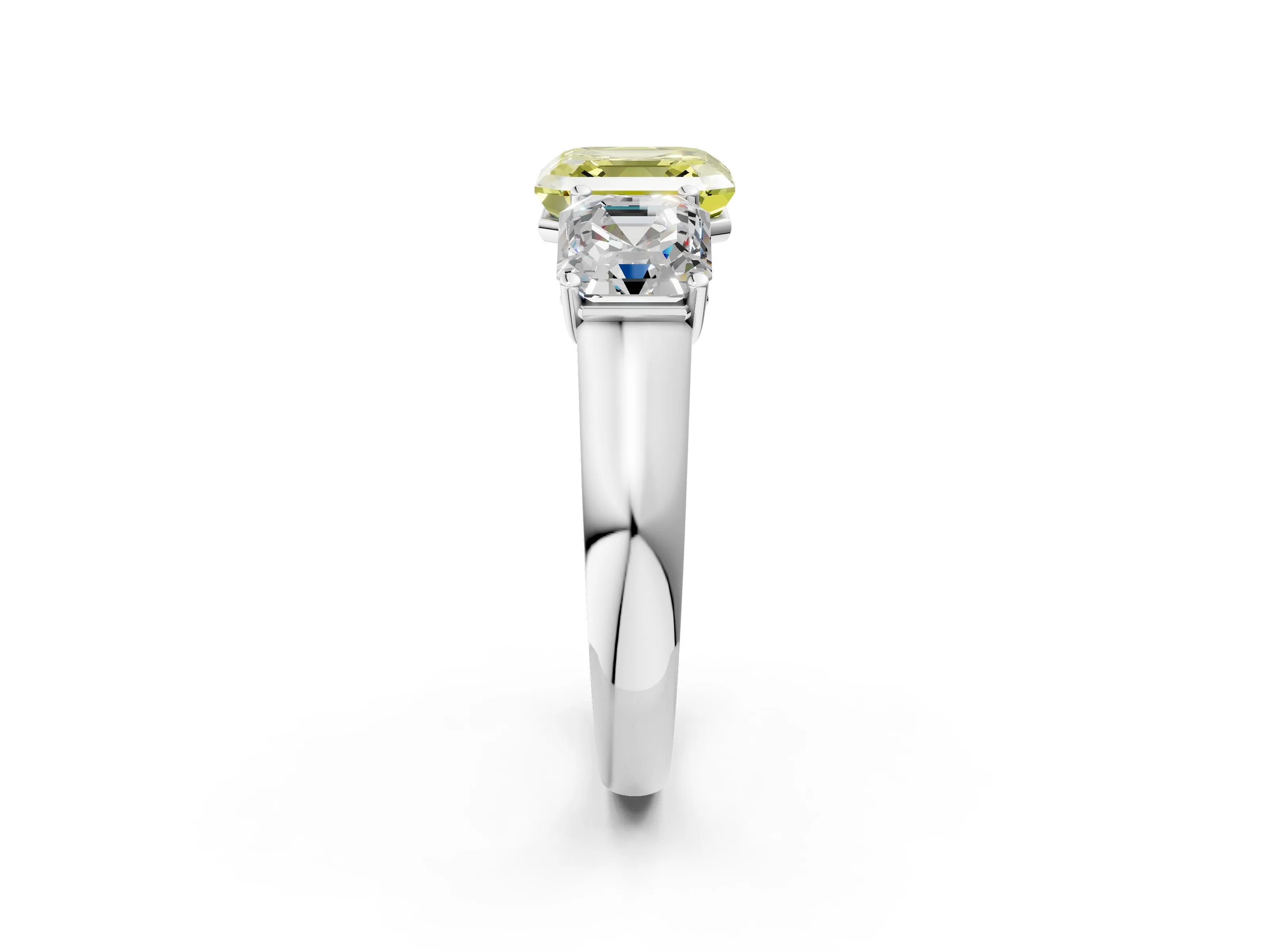 White gold Fancy Yellow Asscher Cut Three-Stone Diamond Ring with Prong Setting on a Classic Band_2