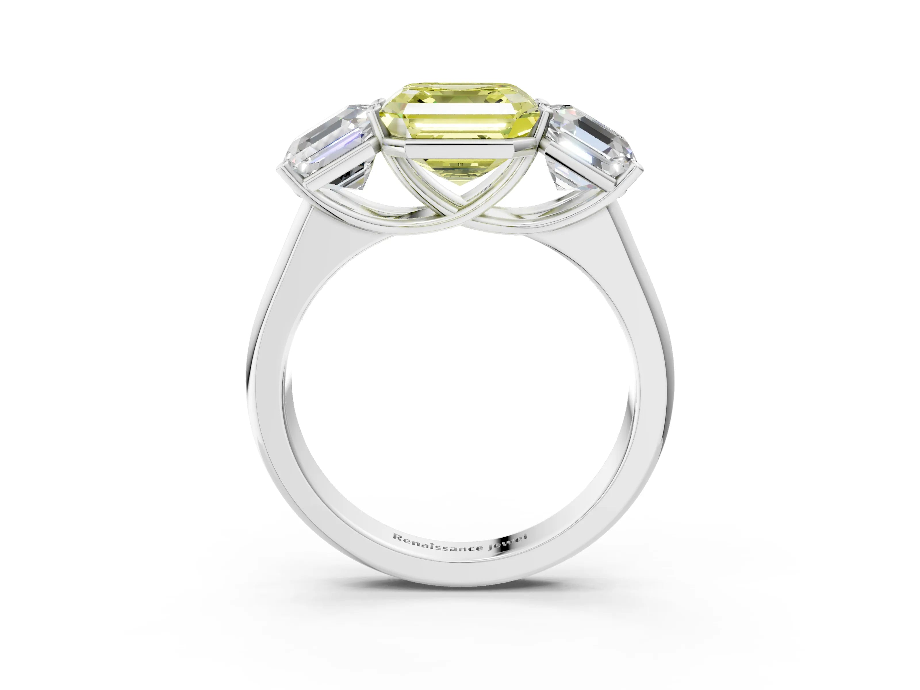 White gold Fancy Yellow Asscher Cut Three-Stone Diamond Ring with Prong Setting on a Classic Band_3