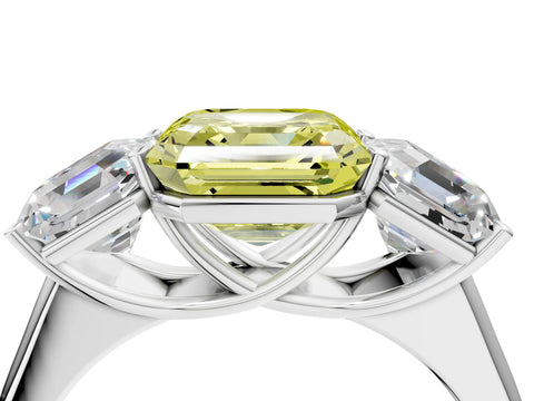 White gold Fancy Yellow Asscher Cut Three-Stone Diamond Ring with Prong Setting on a Classic Band_4
